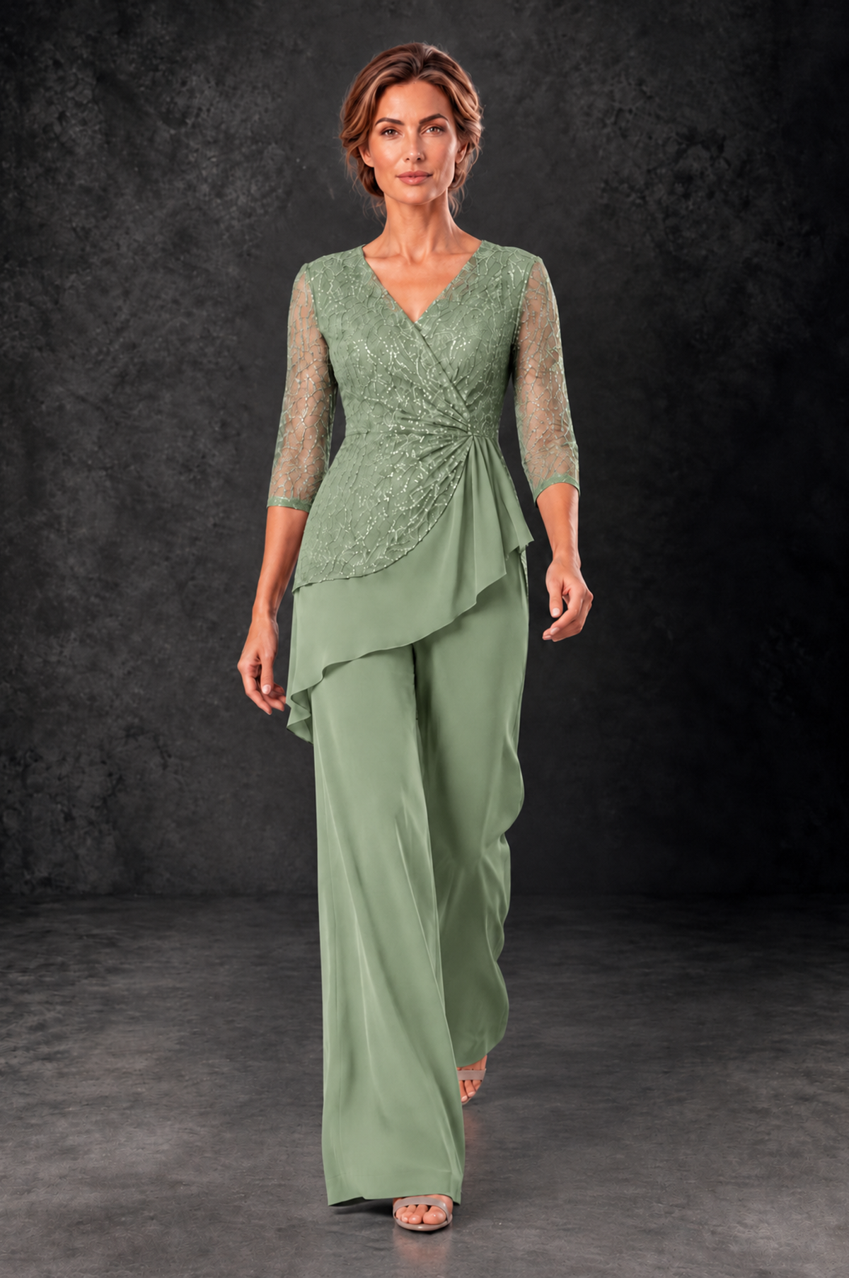 BOLODOO Sage Green Sequin Lace 3/4 Sleeve Chiffon Mother of the Bride Pant Suit - Sage Green - Sage_Green_4