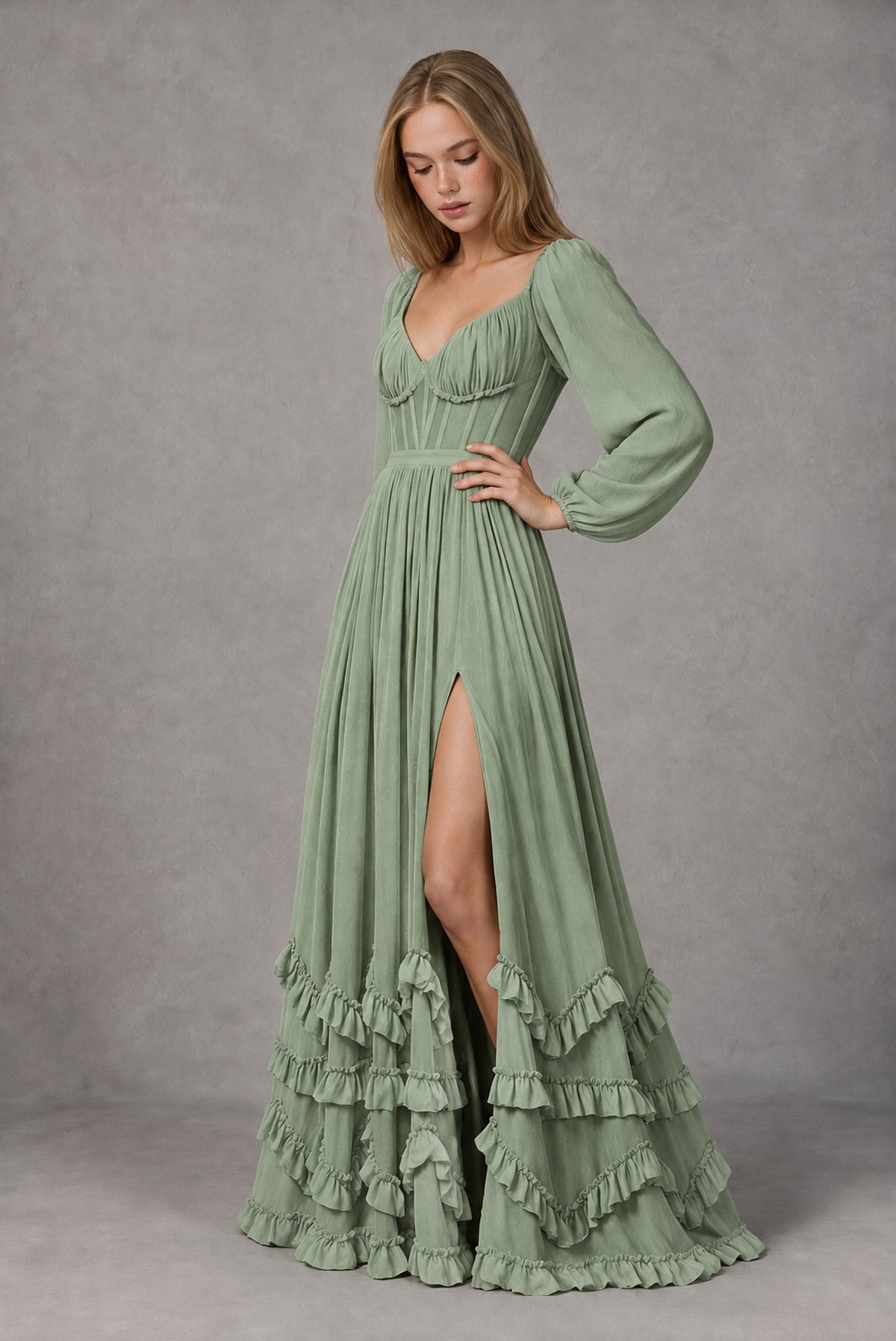 Sage Green Long-Sleeve Ruffle Maxi Dress with Lace-Up Back and Slit - Sage Green