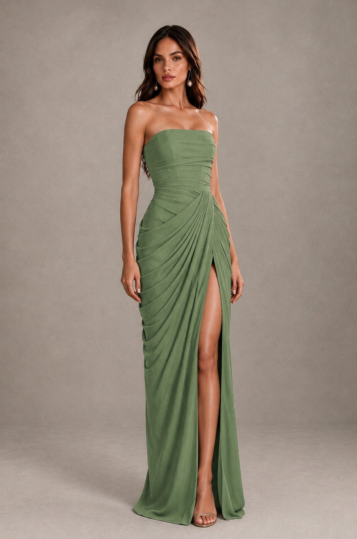 BOLODOO Strapless Draped Maxi Dress - Sage Green Backless Evening Gown with High Slit - Sage Green - Sage Green_4