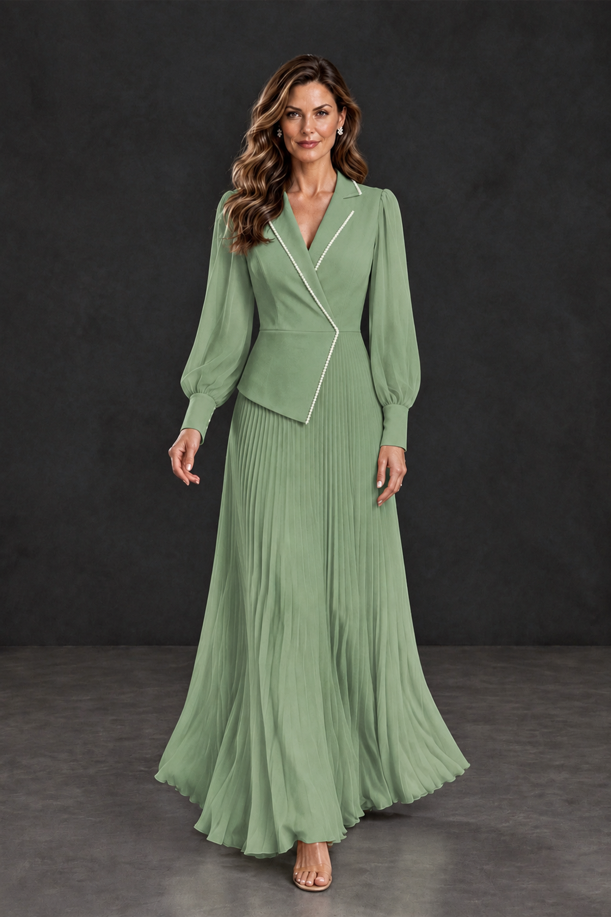 BOLODOO Sage Green Long Sleeve Pleated Mother of the Bride Dress - Sage Green - Sage Green_4