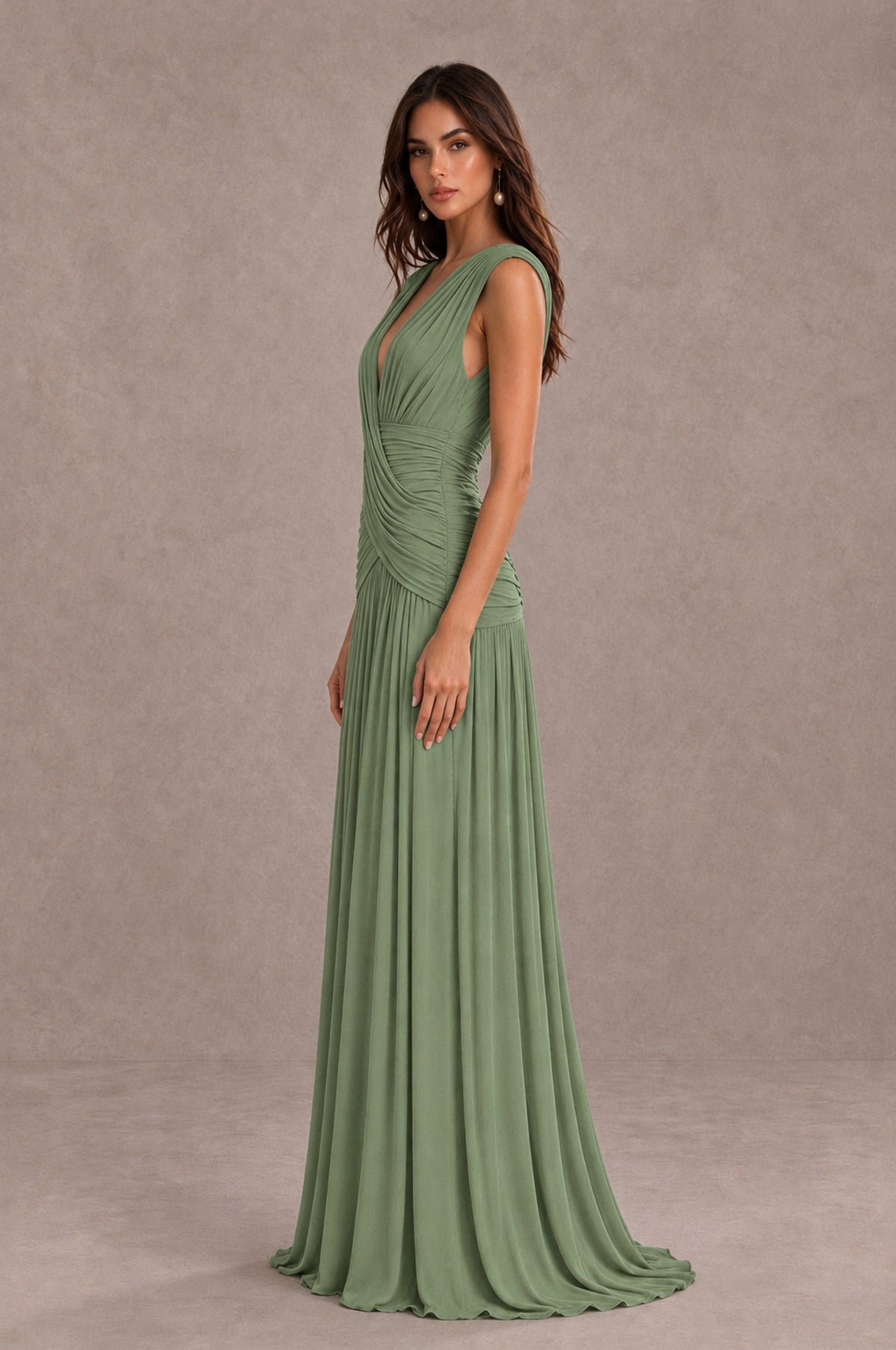 BOLODOO Sage Green V-Neck Ruched Wedding Guest Dress - Sage Green - Sage Green_4