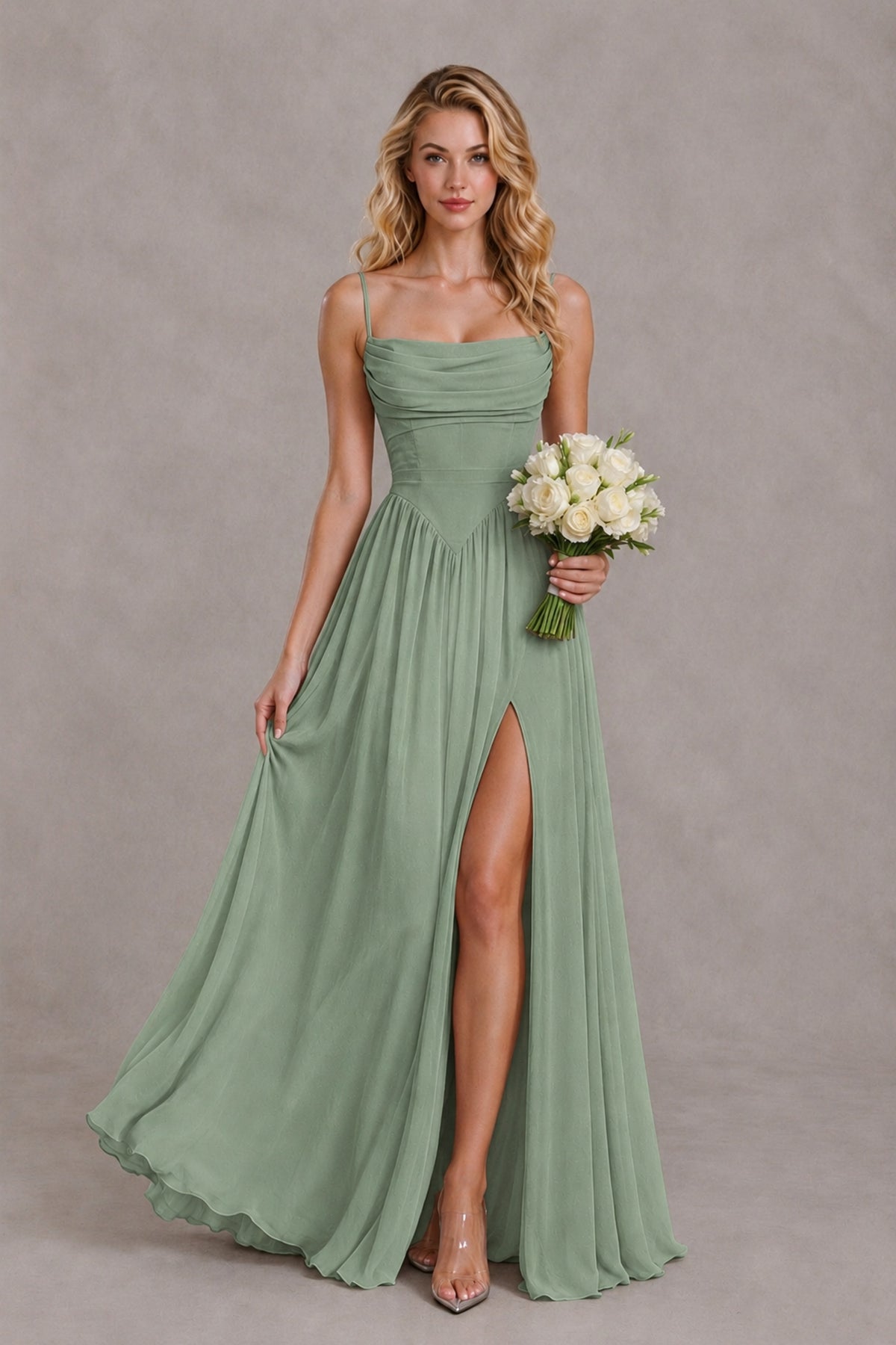 BOLODOO Sage Green Spaghetti Strap A-Line Bridesmaid Dress with Slit - Sage Green - Sage Green_4