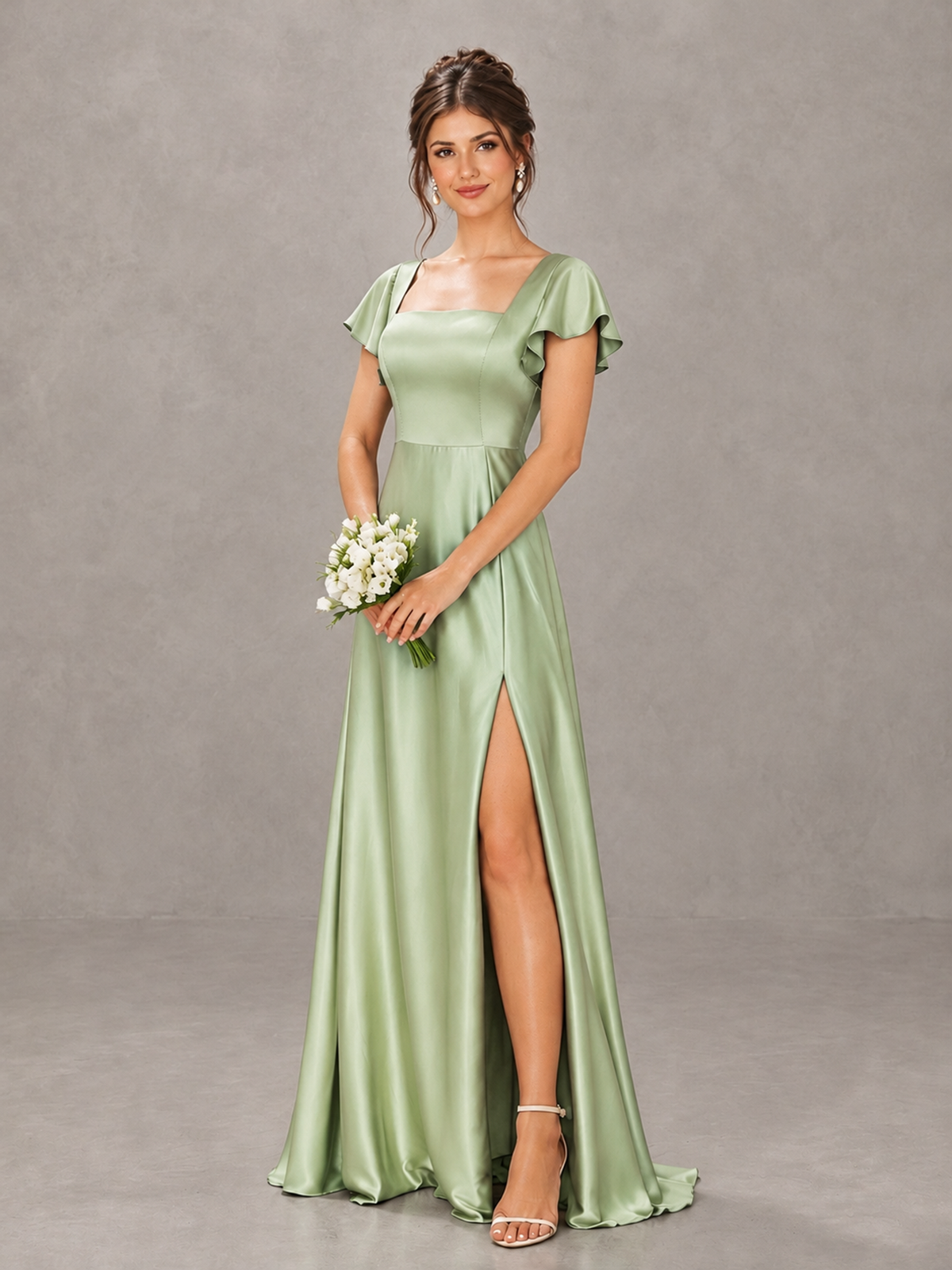 BOLODOO Sage Green Satin Square Neck Flutter Sleeve A-Line Bridesmaid Dress with Slit - Sage Green - Sage Green_4
