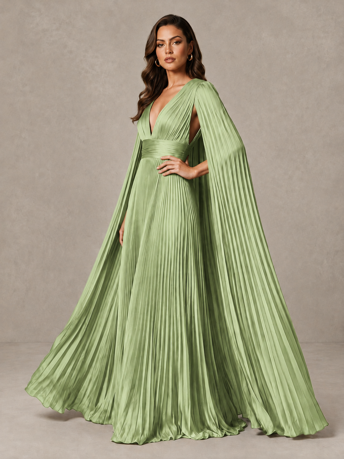 BOLODOO Sage Green Deep V-Neck Pleated Cape Sleeve Evening Gown - Sage Green - Sage Green_4