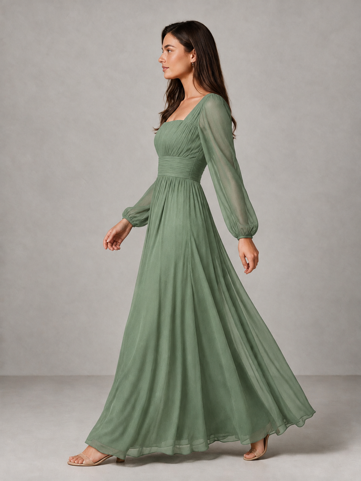 BOLODOO Sage Green Square Neck Long Sleeve Chiffon Bridesmaid Dress - Sage Green - Sage Green_4