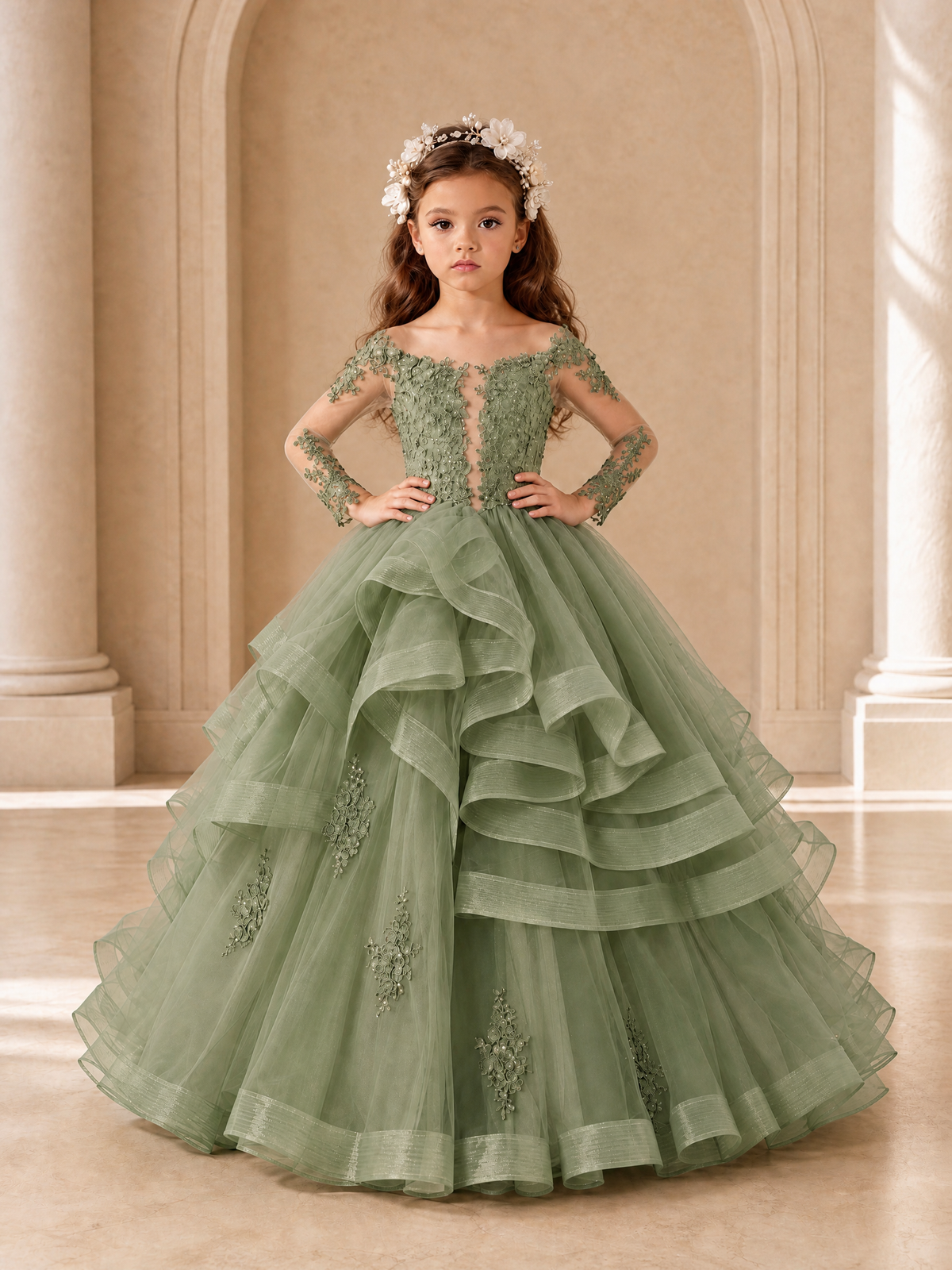BOLODOO Sage Green Lace Long Sleeve Tiered Flower Girl Dress - Sage Green - Sage_Green_4