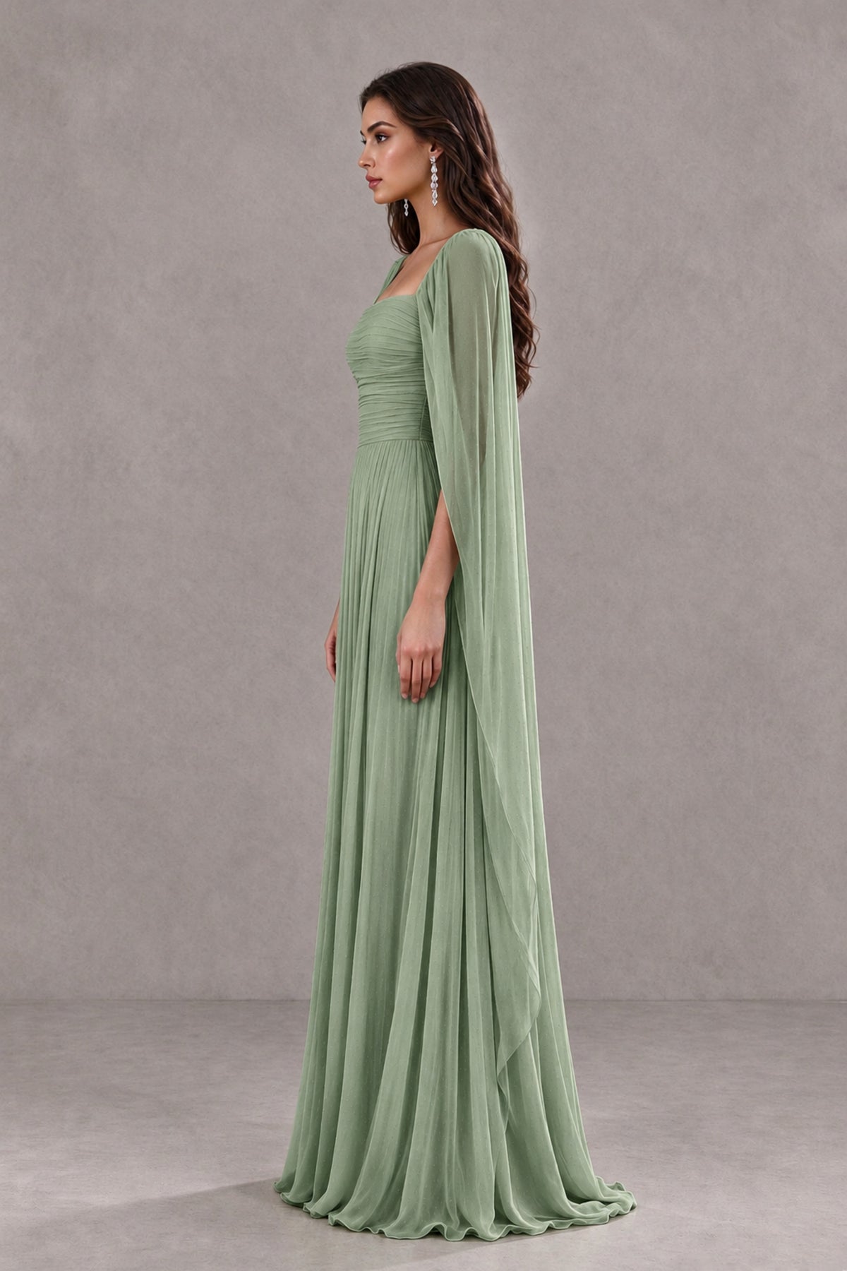 BOLODOO Sage Green Square Neck Cape Sleeve A-Line Evening Dress - Sage Green - Sage_Green_4