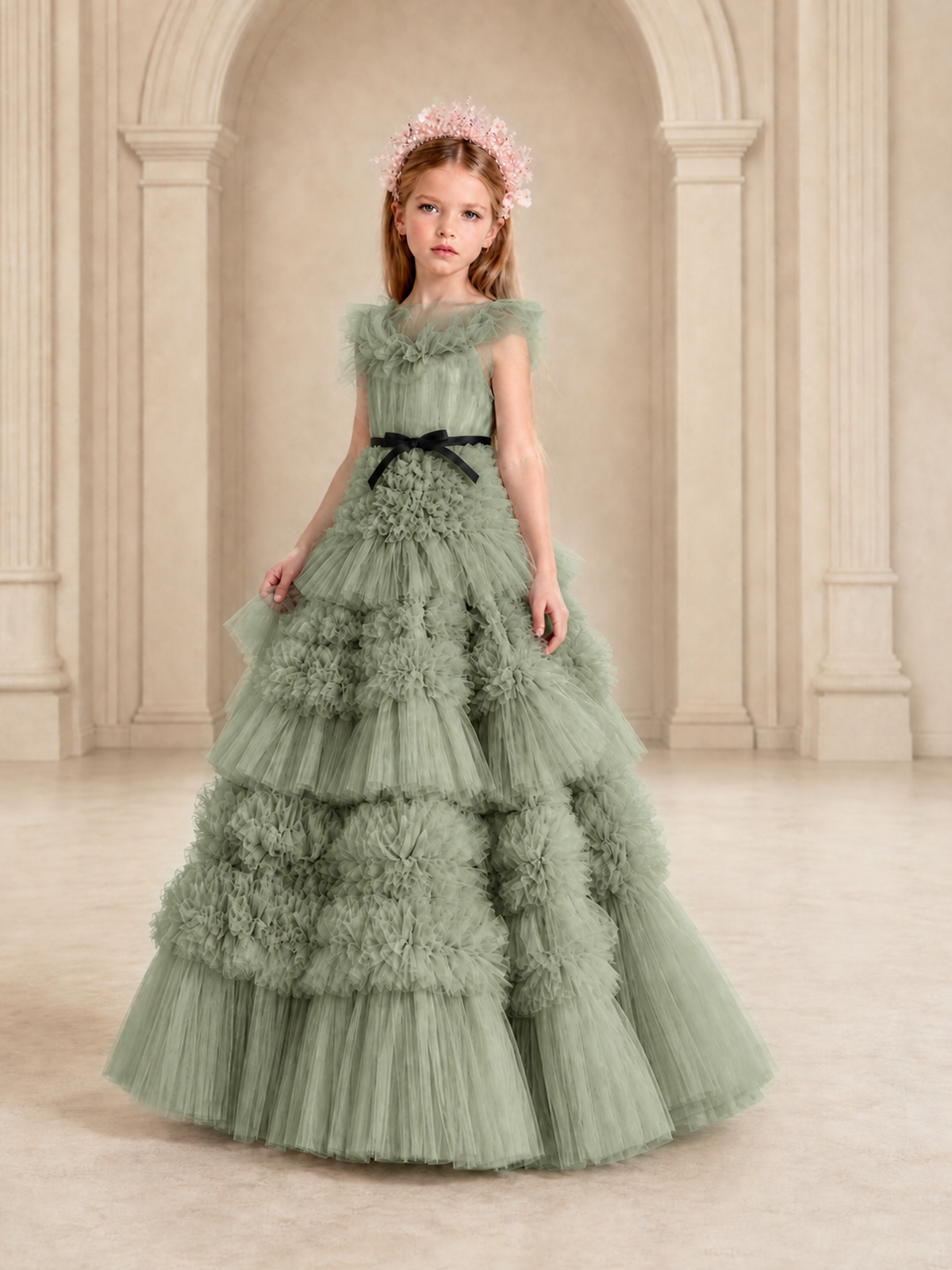 BOLODOO Sage Green Tiered Tulle Flower Girl Dress with Floral Appliques - Sage Green - Sage Green_4