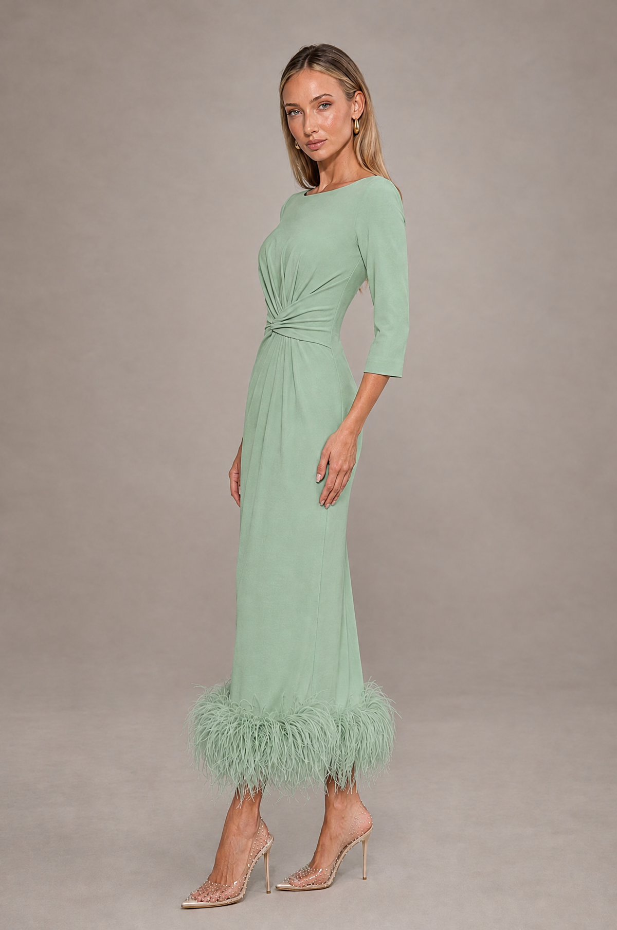 BOLODOO Sage Green Feather-Trim Twist-Waist Midi Dress - Sage Green - Sage_Green_4