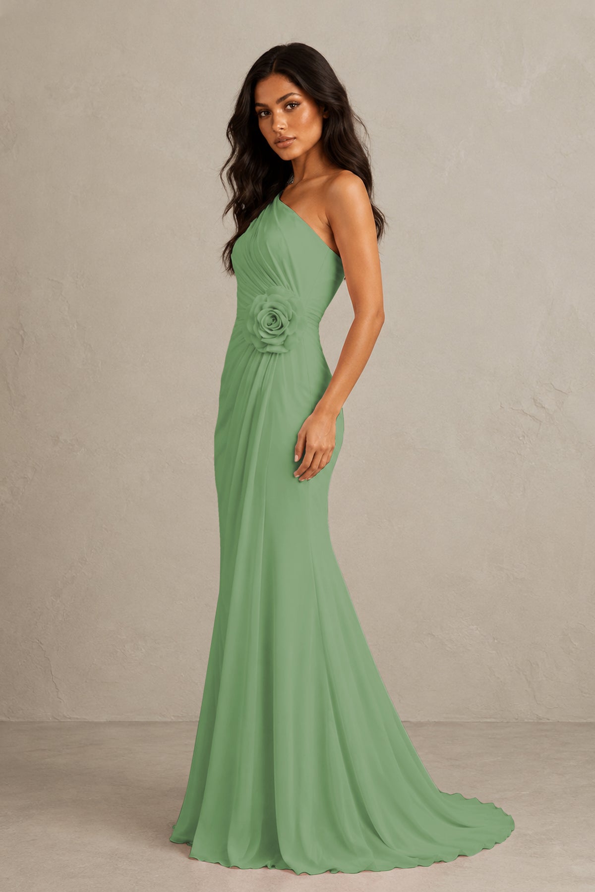 BOLODOO Sage Green One-Shoulder Floral Ruched Maxi Dress - Sage Green