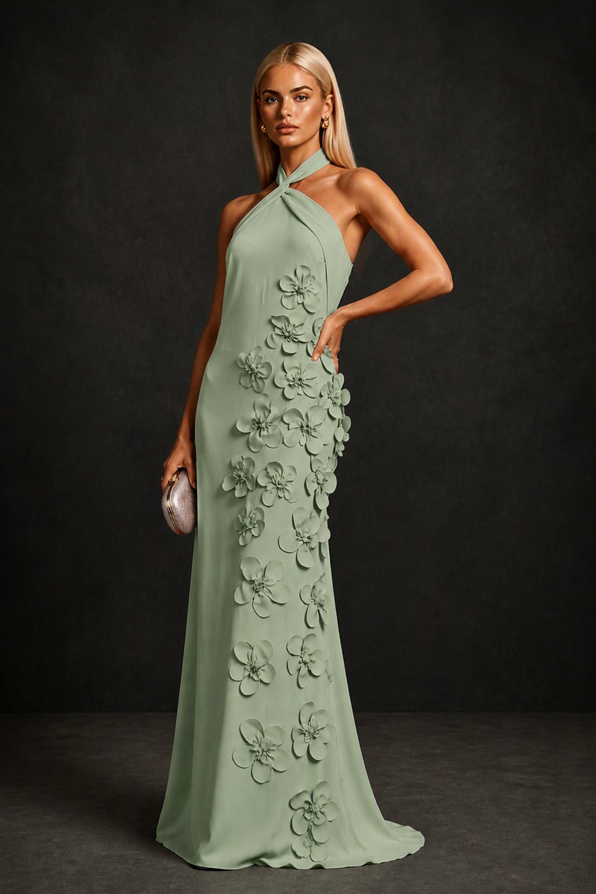 BOLODOO Sage Green Cross Halter Neck 3D Floral Appliqué Backless Mermaid Maxi Gown - Sage Green
