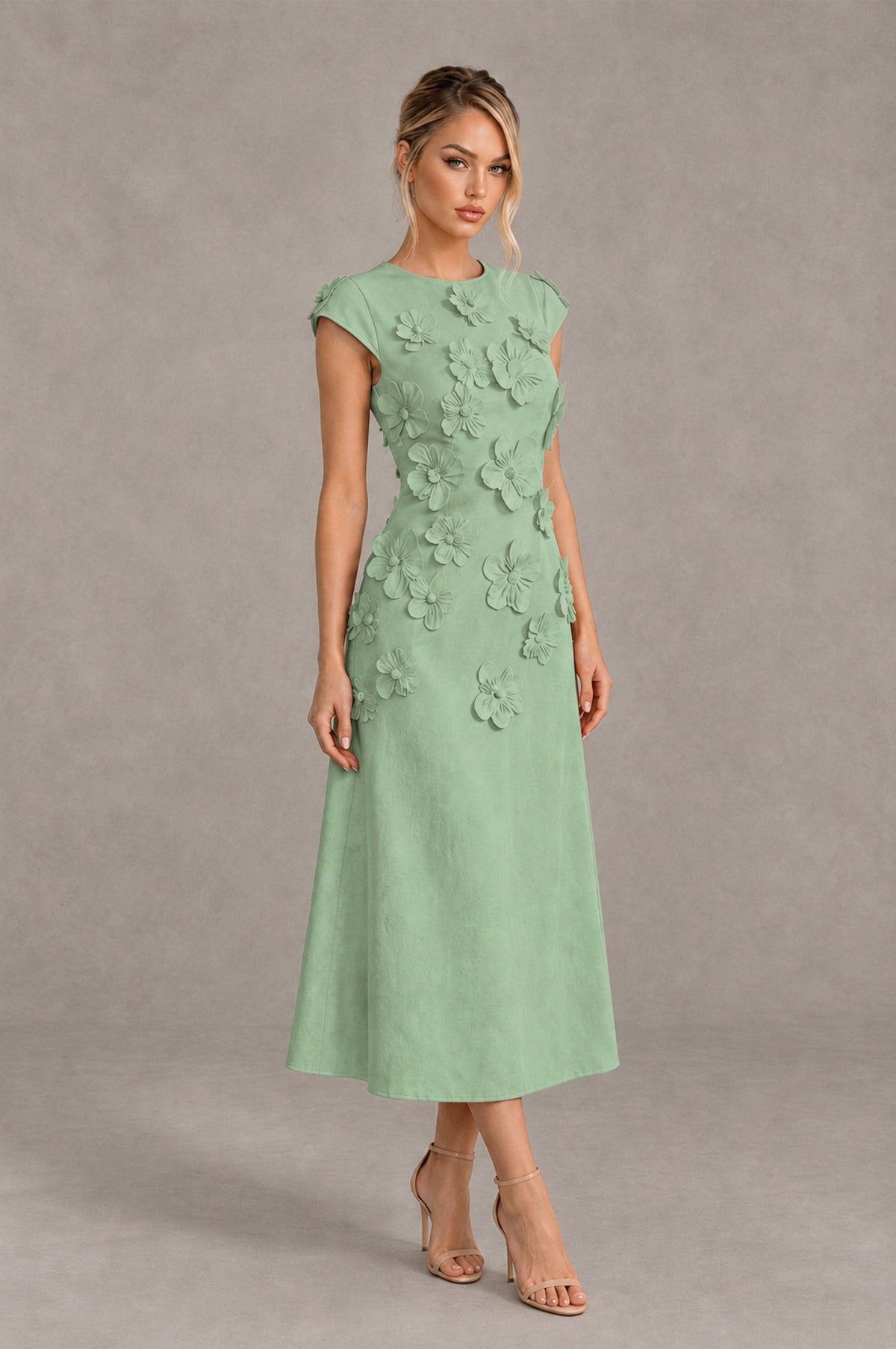 BOLODOO Sage Green 3D Floral Cap Sleeve Midi Cocktail Dress - Sage Green - Sage Green_4