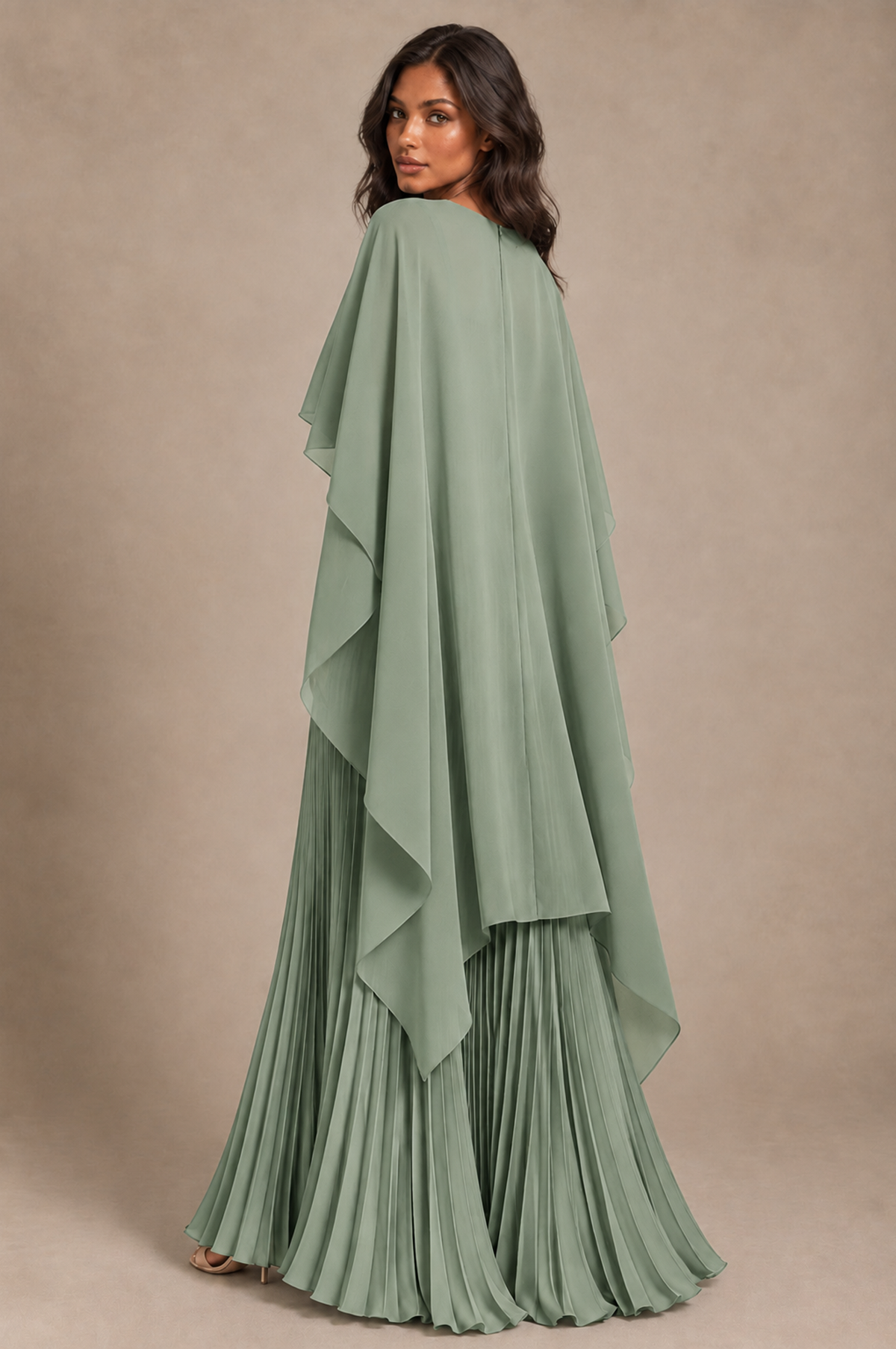 BOLODOO Sage Green Pleated Cape A-Line Evening Dress - Sage Green - Sage_Green_4