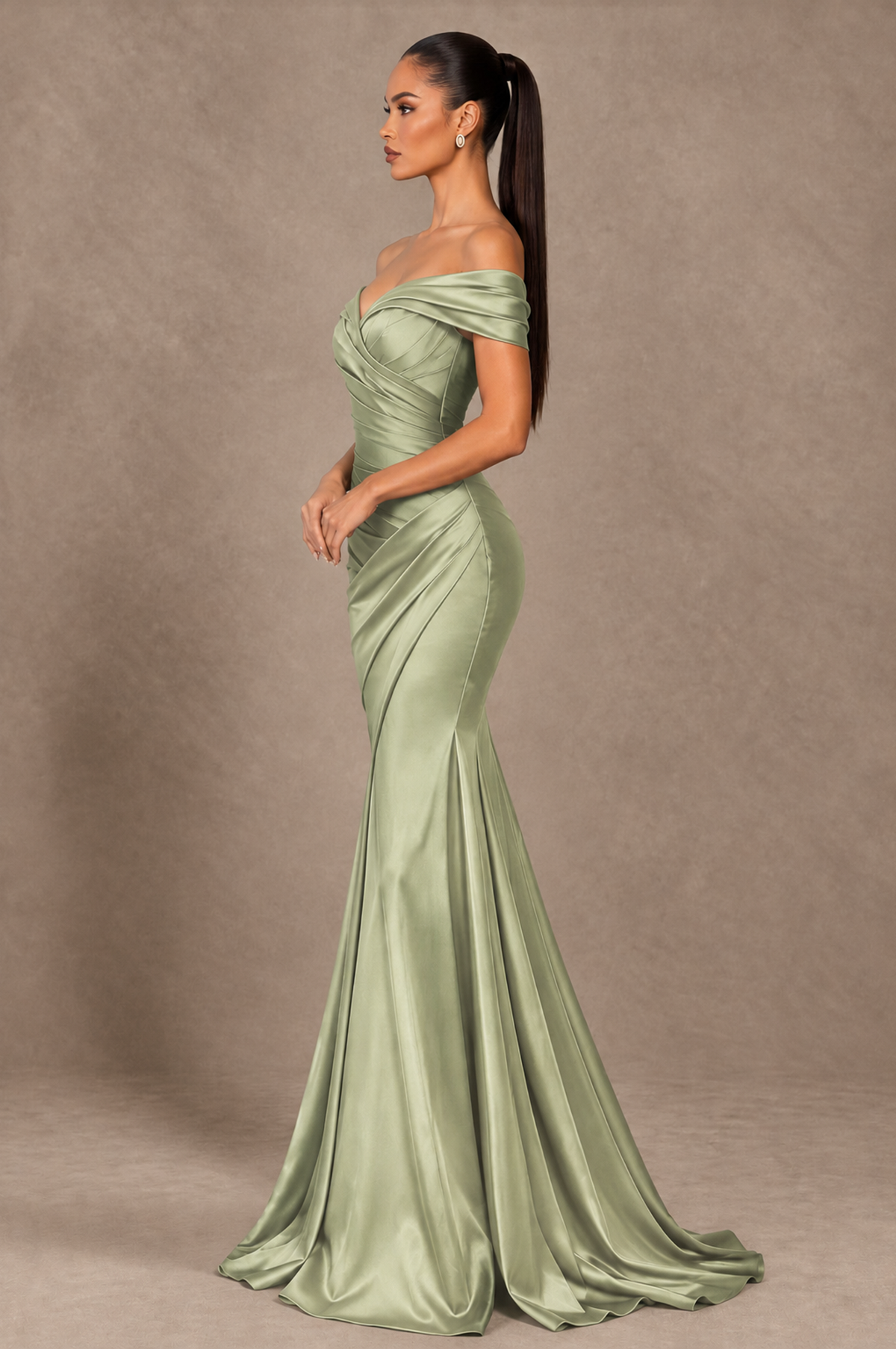 BOLODOO Sage Green Off-the-Shoulder Ruched Satin Mermaid Evening Dress - Sage Green - Sage_Green_4