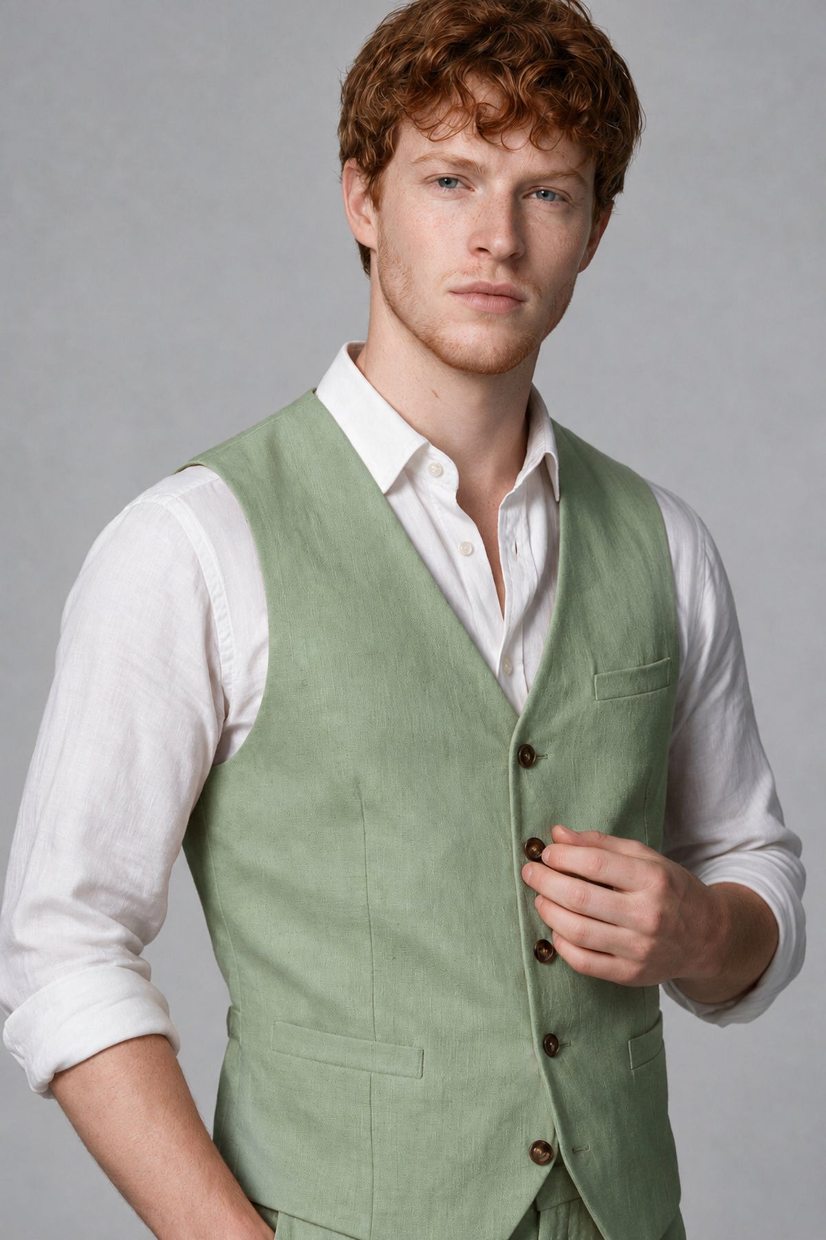 Bolodoo Men's Sage Green 2-Piece Vest and Pants Set with V-Neck Waistcoat - Sage Green - Sage Green_4