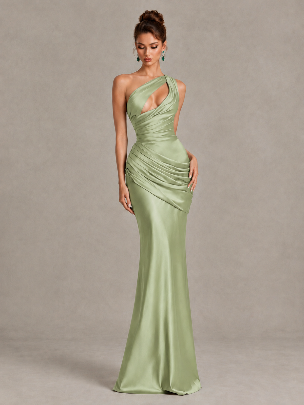 BOLODOO Sage Green One-Shoulder Cutout Satin Mermaid Prom Dress - Sage Green - Sage Green_4