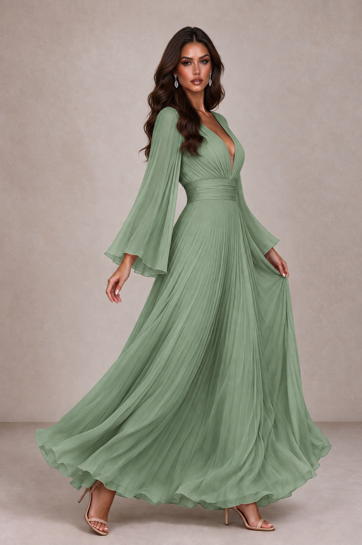 BOLODOO Sage Green Pleated Deep V-Neck Long Bell Sleeve Evening Dress - Sage Green - Sage_Green_4