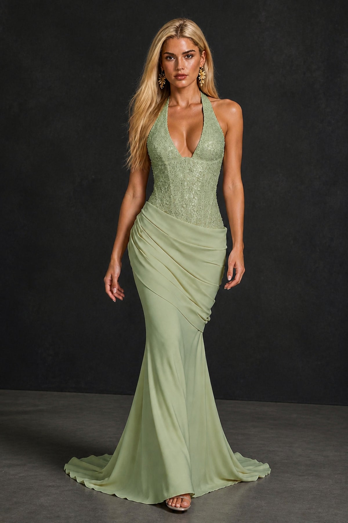 BOLODOO Sage Green Halter Mermaid Gown – Deep V Open Back Sequin Formal Evening Dress with Train - Sage Green