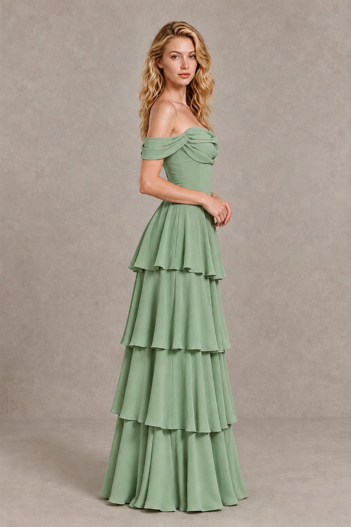 BOLODOO Sage Green Off-the-Shoulder Tiered A-Line Evening Bridesmaid Dress - Sage Green - Sage Green_4