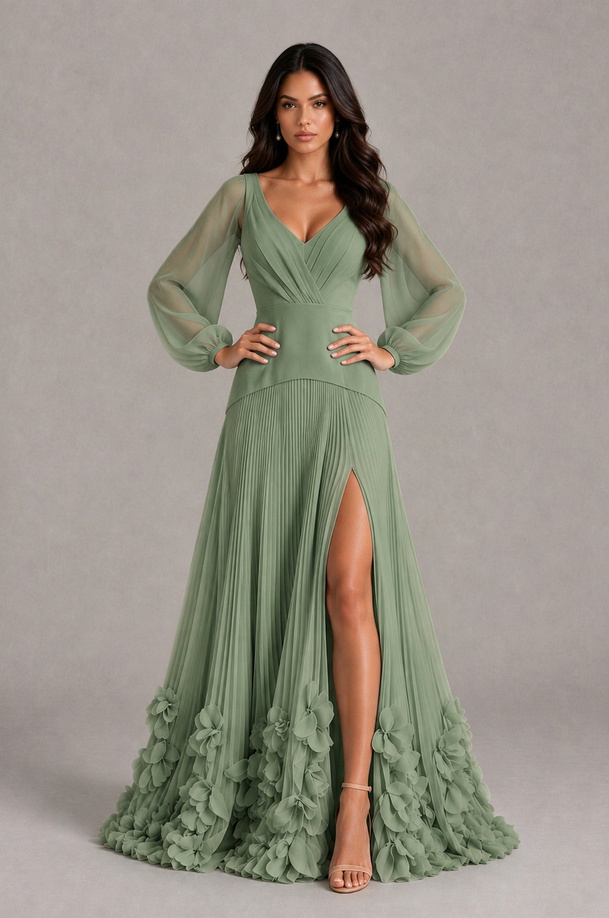 BOLODOO Sage Green V-Neck Long Sleeve Pleated Floral Hem Evening Dress - Sage Green - Sage Green_4