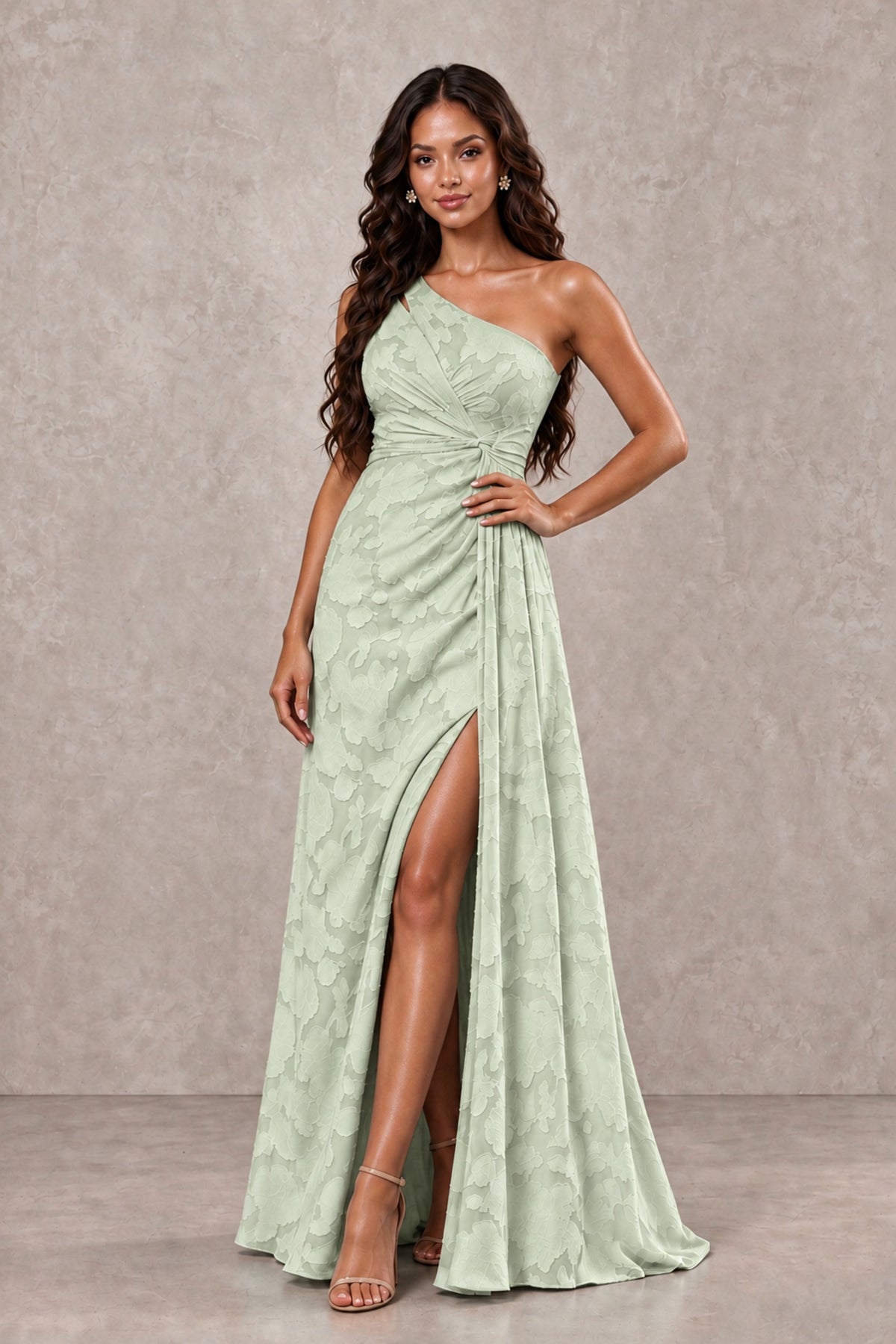 BOLODOO Sage Green One-Shoulder Floral Textured Maxi Dress with High Slit - Sage Green - Sage Green_4
