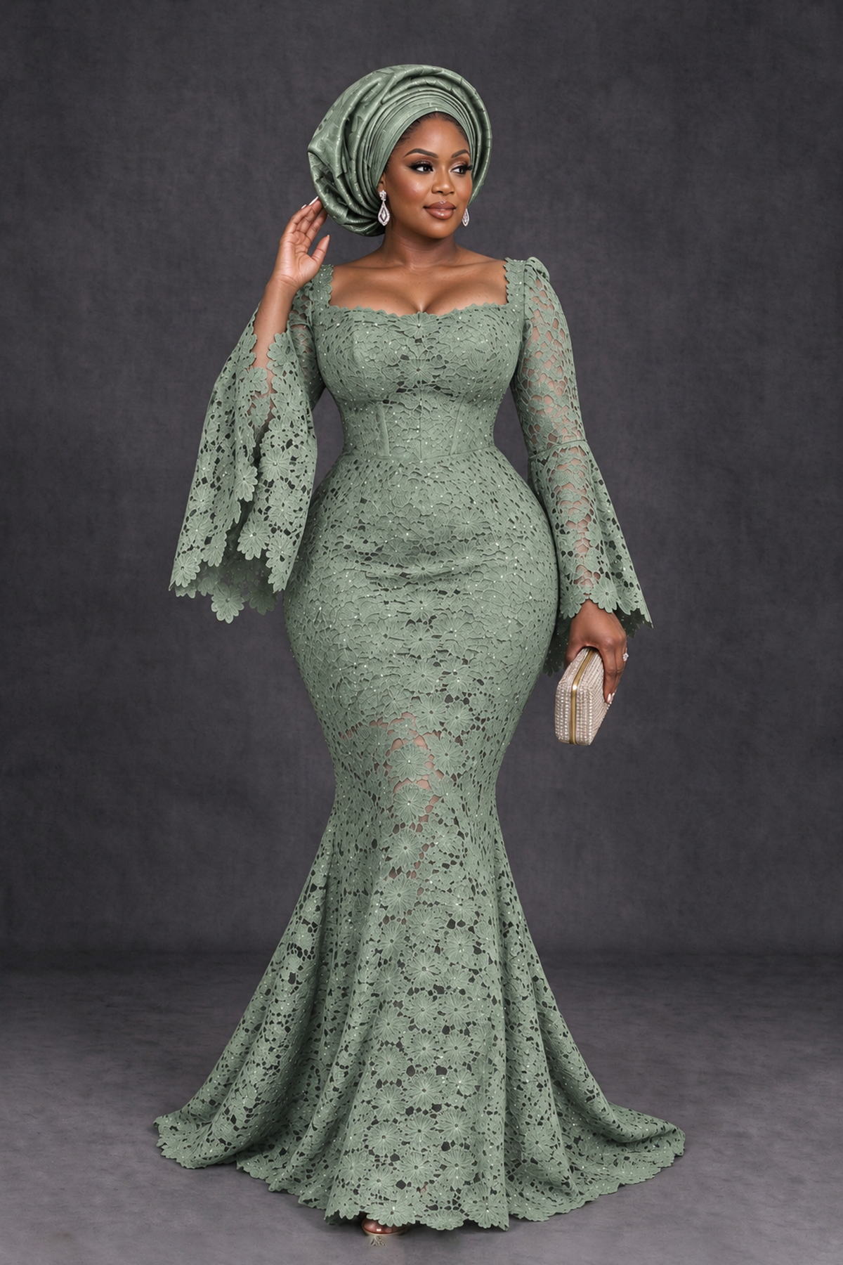 BOLODOO Sage Green African Lace Mermaid Dress, Plus Size Nigerian Wedding Guest Gown with Bell Sleeves - Sage Green - Sage Green_4