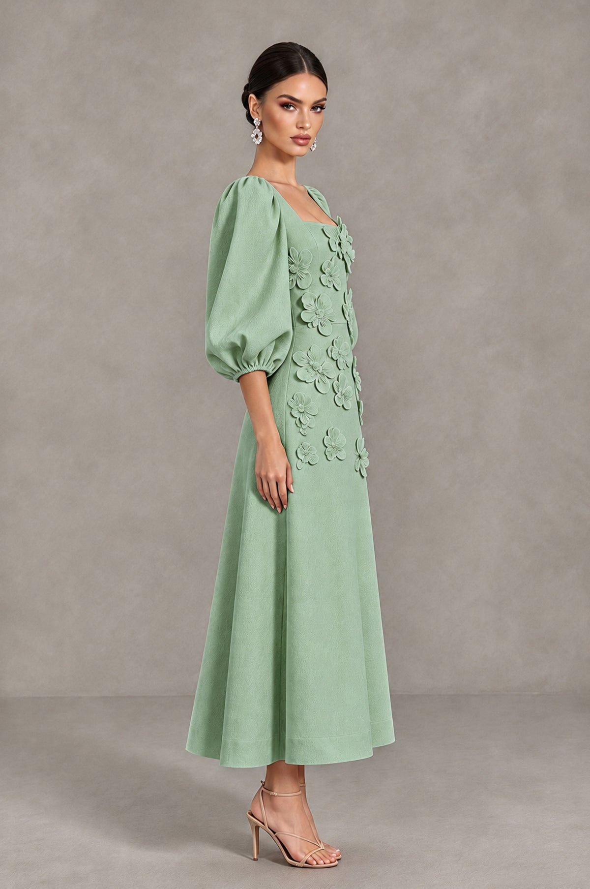 BOLODOO Sage Green 3D Floral Puff Sleeve Midi Cocktail Dress - Sage Green - Sage Green_4