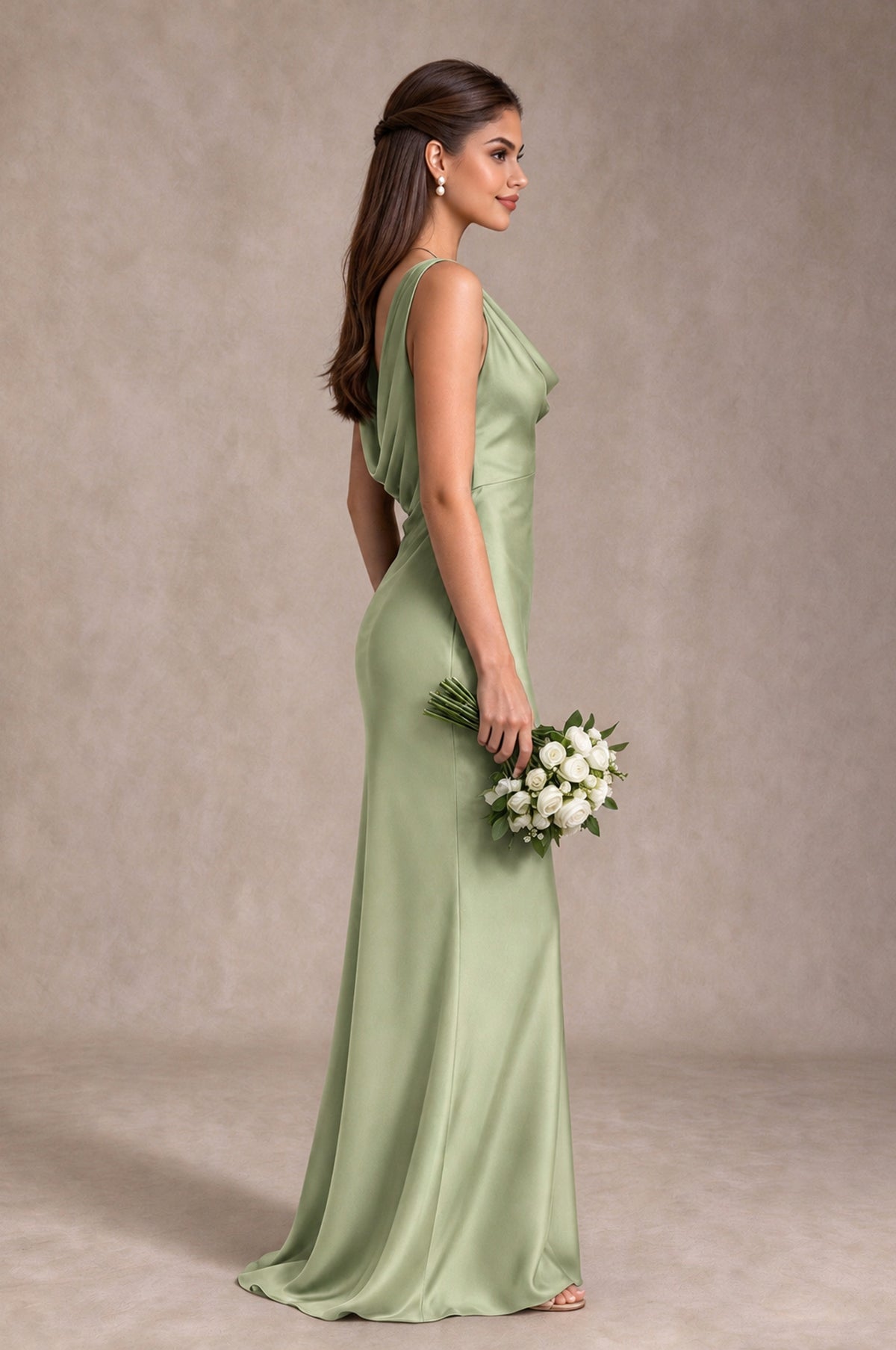 BOLODOO Sage Green Cowl Neck Open Back Satin Bridesmaid Dress - Sage Green - Sage Green_4