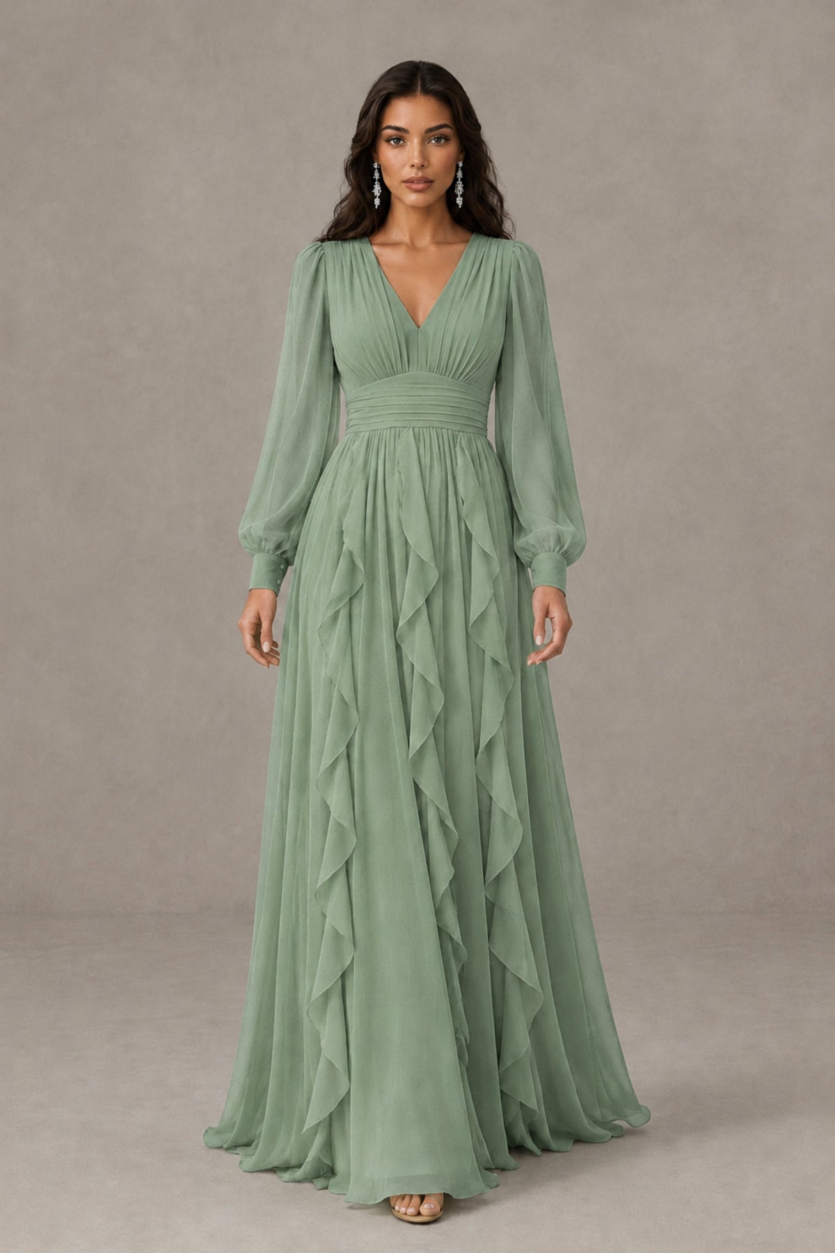BOLODOO Sage Green Long Sleeve V-Neck Ruffle Maxi Dress - Sage Green