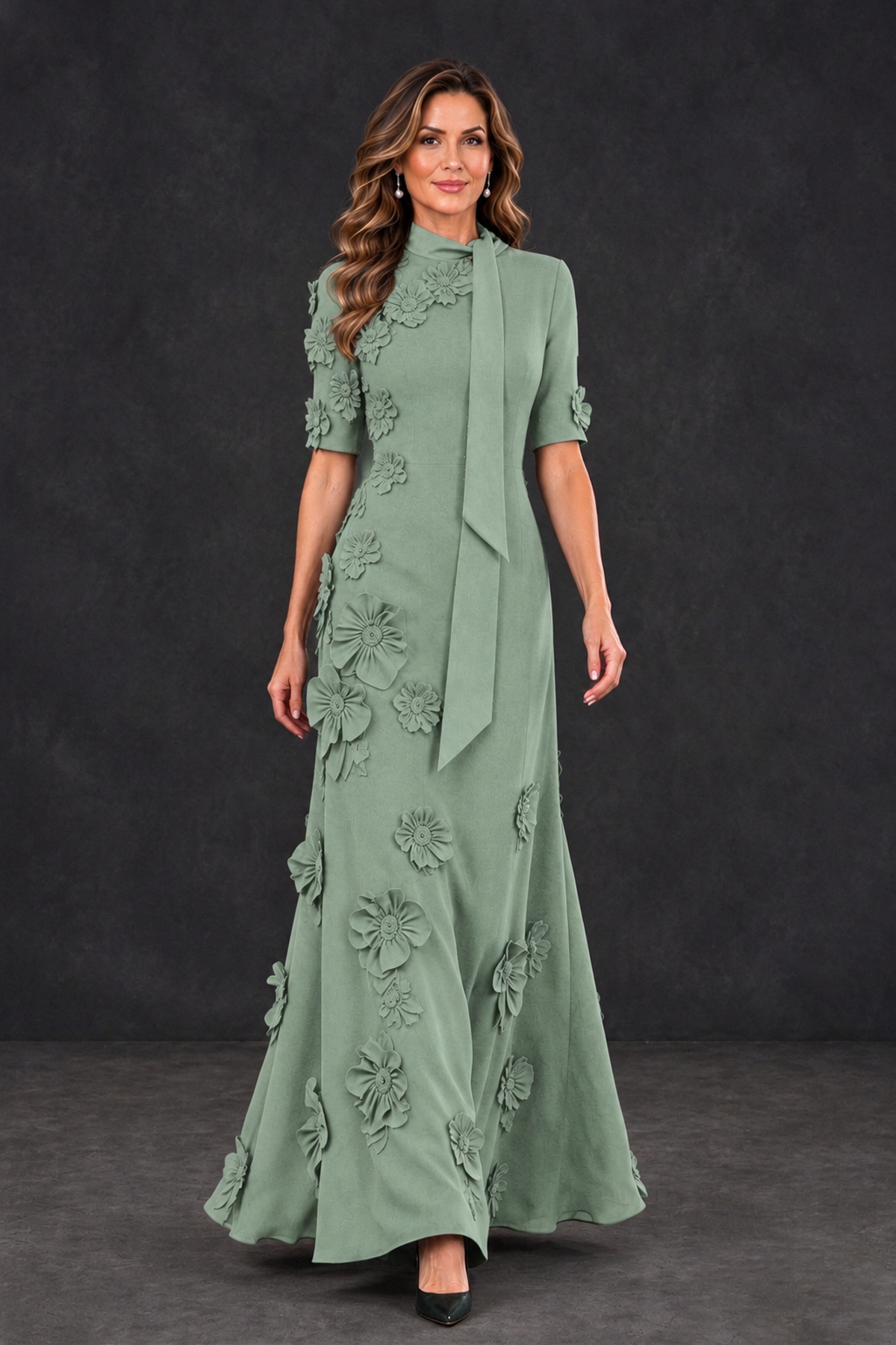 BOLODOO Sage Green Floral Applique High-Neck Half-Sleeve Gown - Sage Green - Sage Green_4