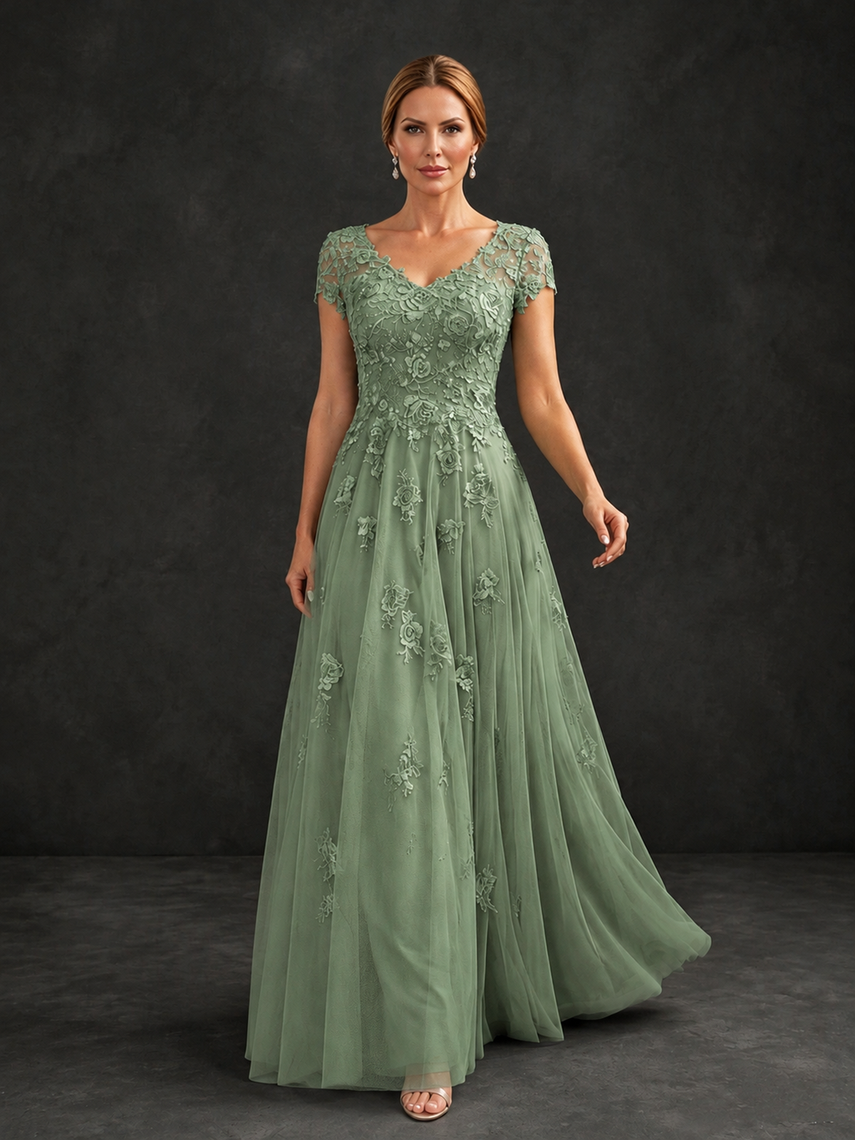 BOLODOO Sage Green Cap Sleeve Lace Appliqué A-Line Formal Gown | Mother of the Bride Dress - Sage Green - Sage Green_4
