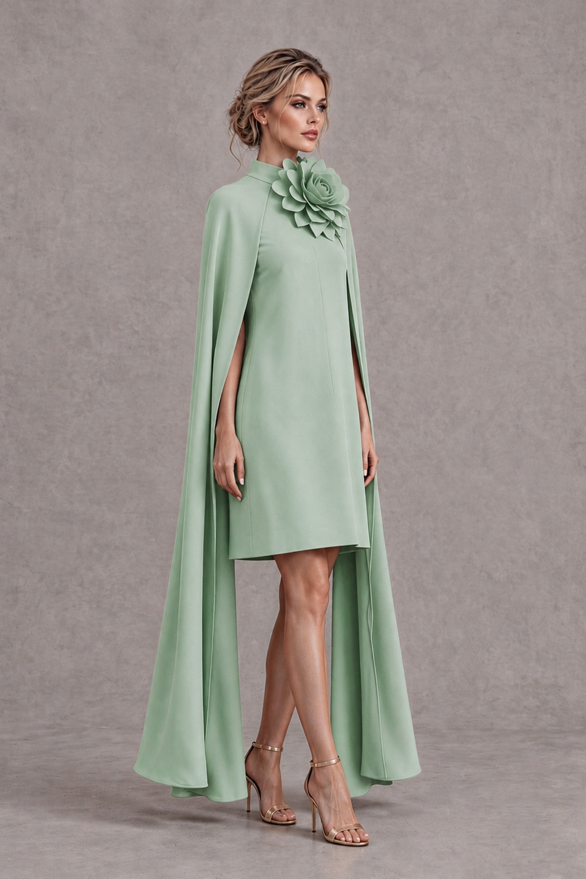 BOLODOO Sage Green High Neck Floral Cape Mini Cocktail Dress - Sage Green - Sage Green_4