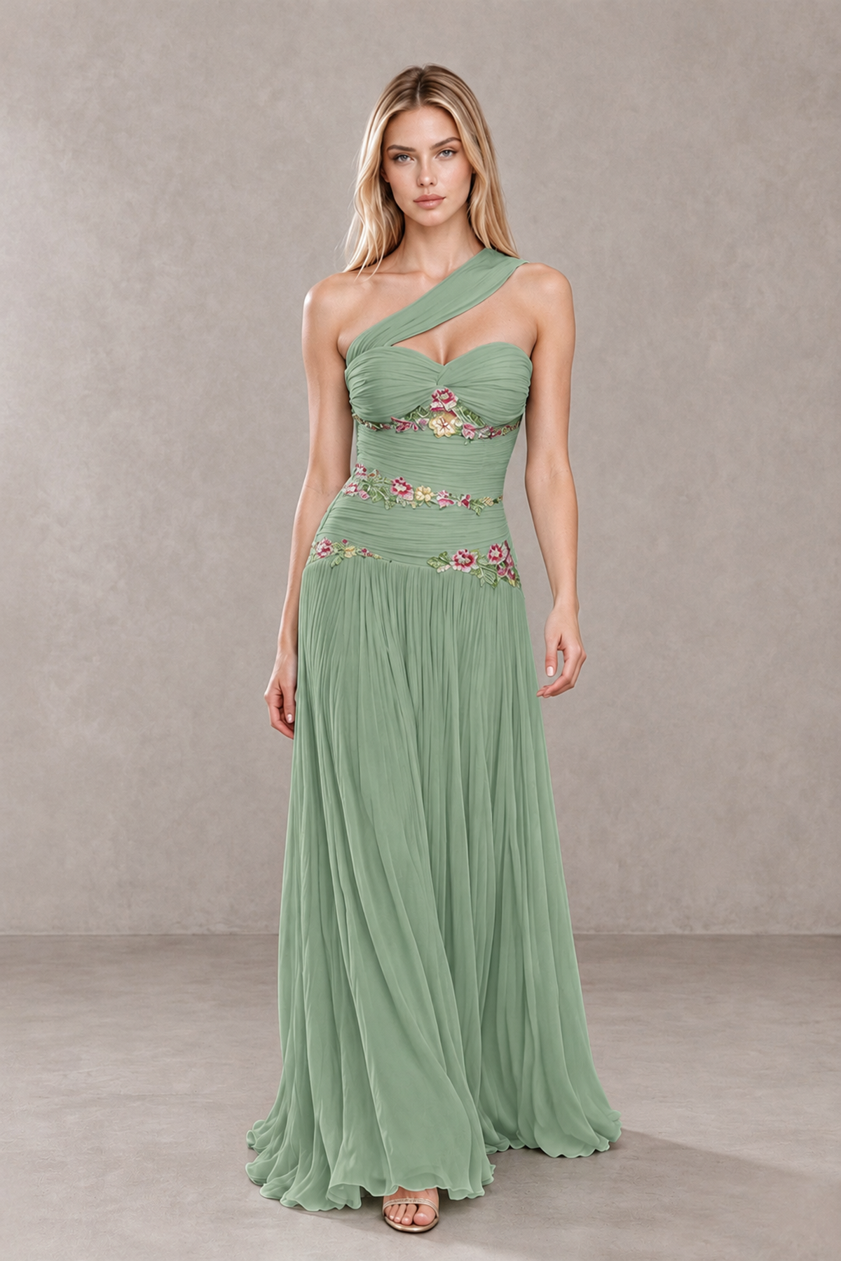 BOLODOO Sage Green One-Shoulder Floral Applique A-Line Evening Dress - Sage Green - Sage Green_4