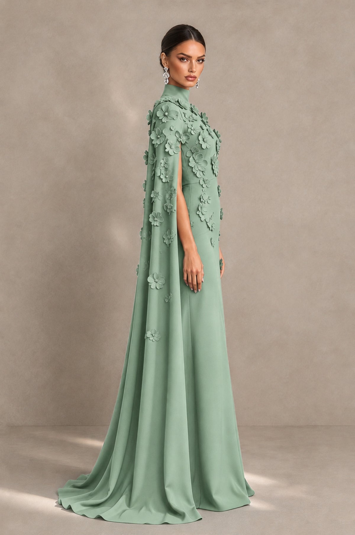 BOLODOO Sage Green 3D Floral Applique Cape Formal Dress - Sage Green - Sage Green_4