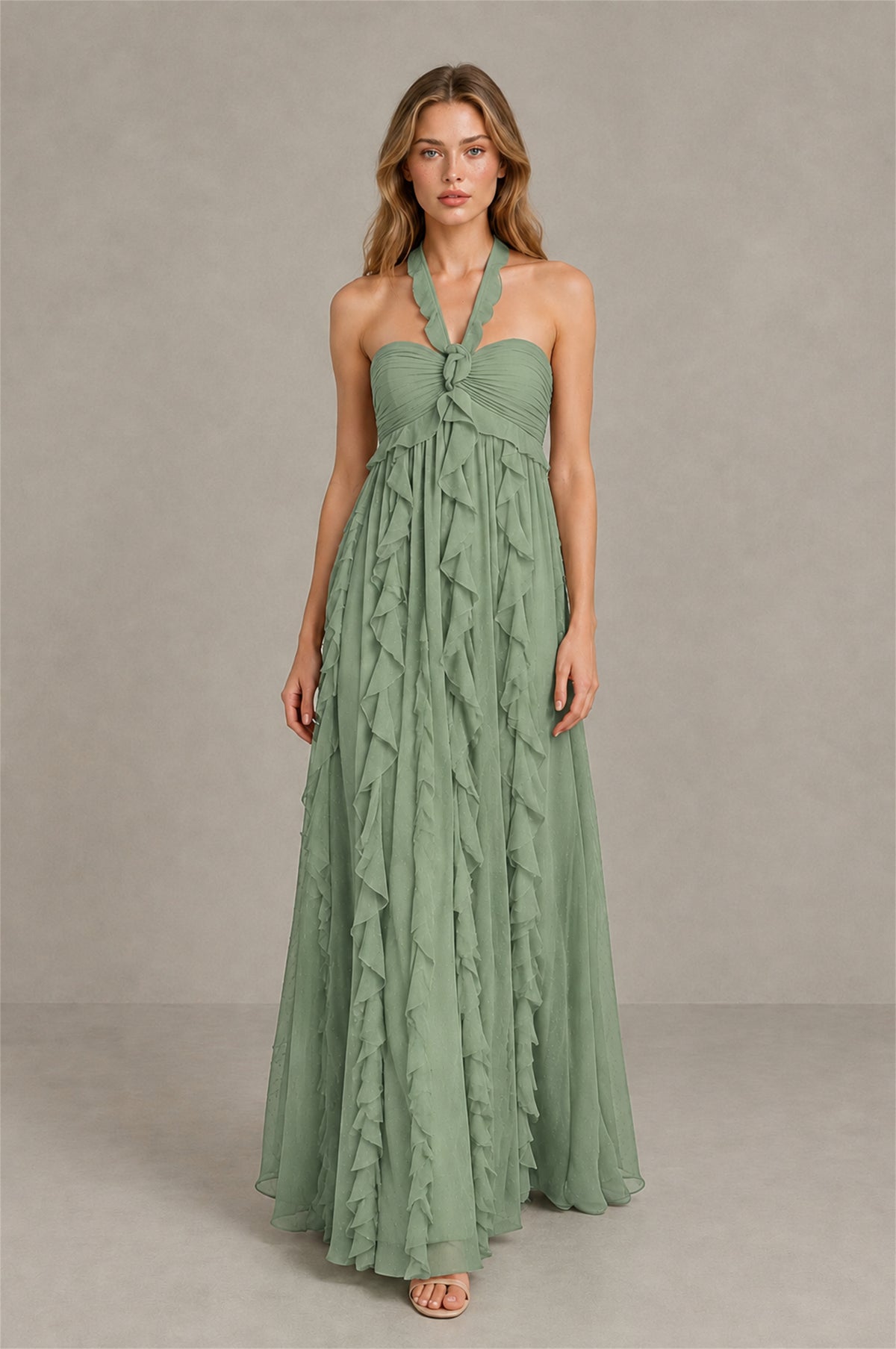 BOLODOO Sage Green Halter Ruffle A-Line Floor-Length Evening Dress - Sage Green - Sage_Green_4