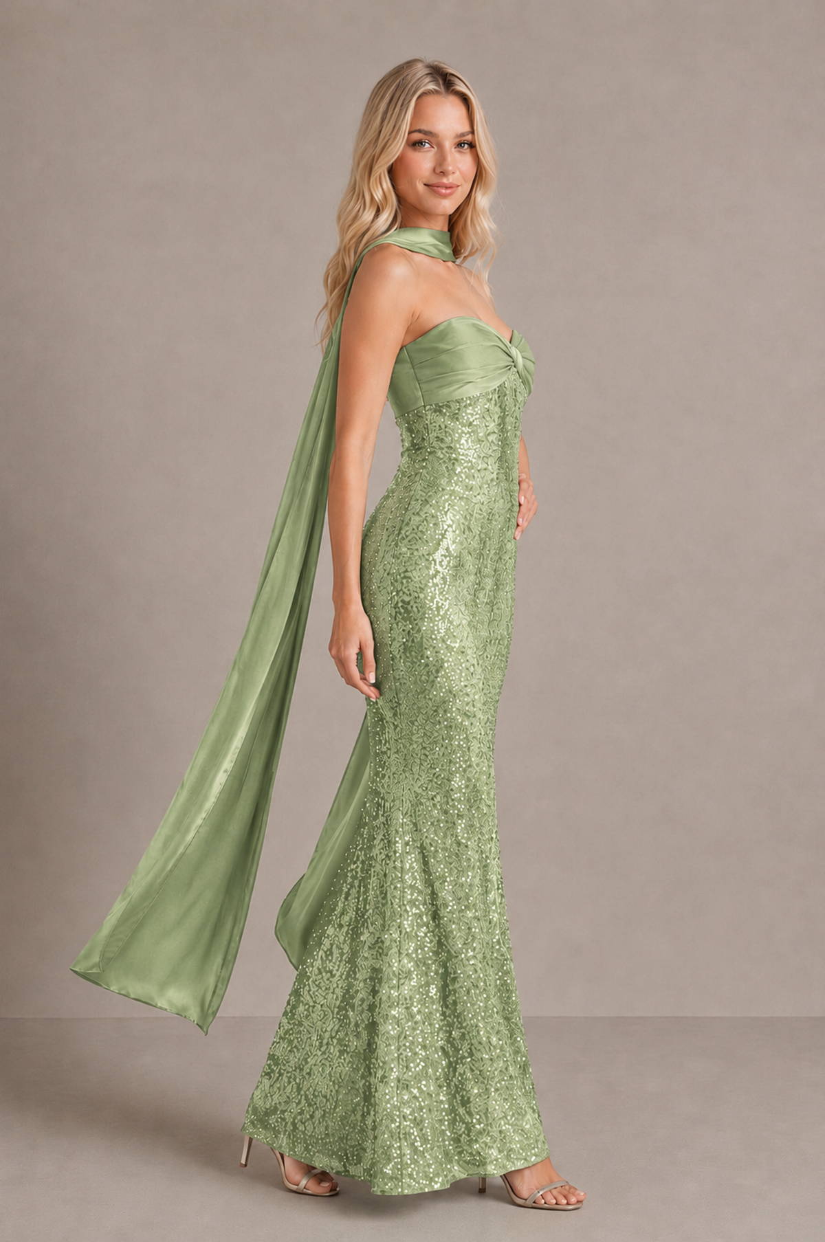 BOLODOO Sage Green Strapless Sweetheart Evening Dress with Scarf - Sage Green - Sage_Green_4