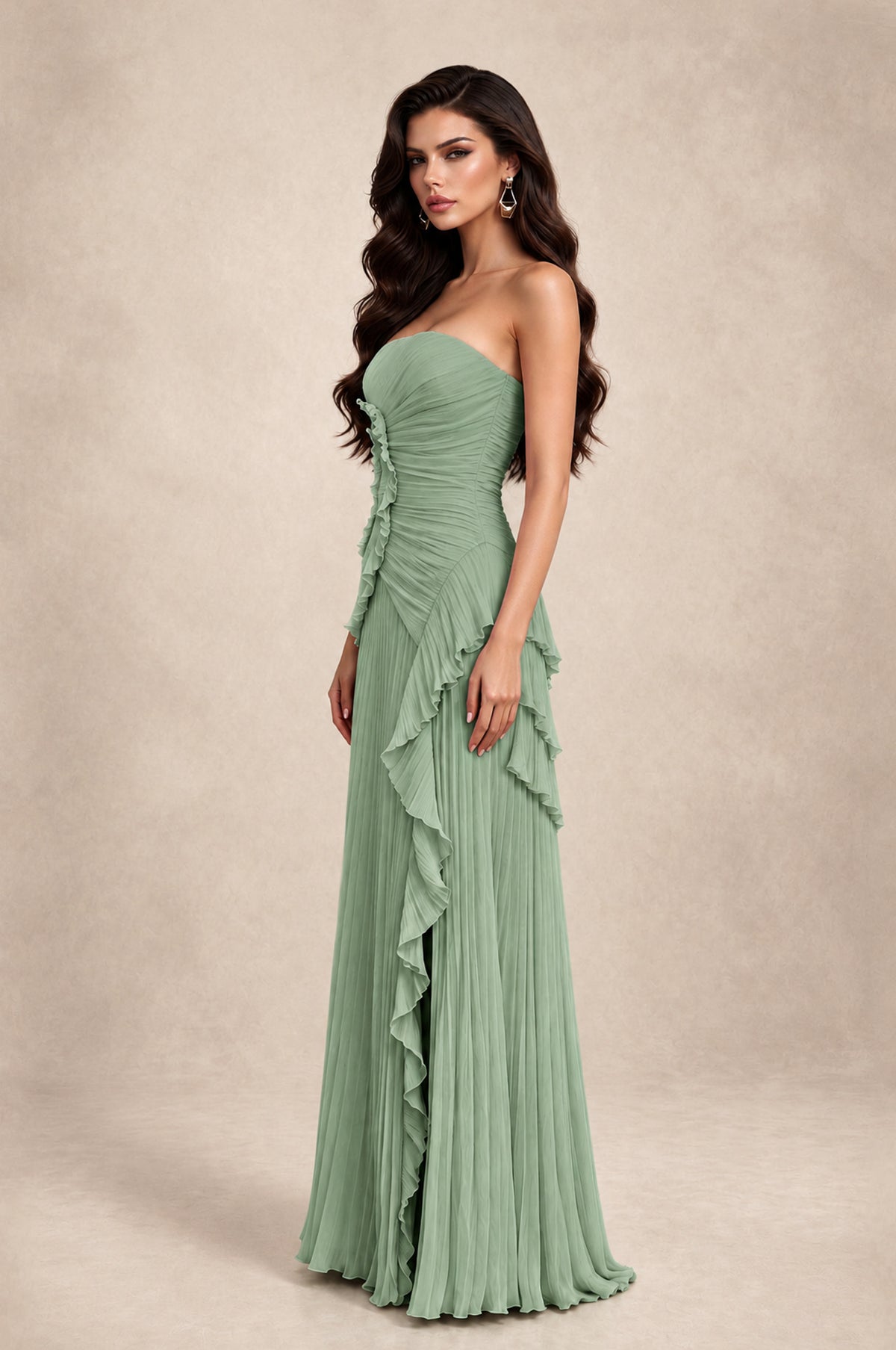 BOLODOO Sage Green Strapless Ruffle Pleated Slit Evening Gown - Sage Green - Sage Green_4