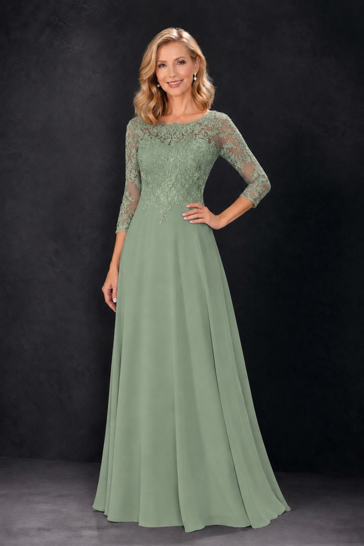 BOLODOO Sage Green Lace Embroidered Mother of the Bride Dress with 3/4 Sleeves - Sage Green