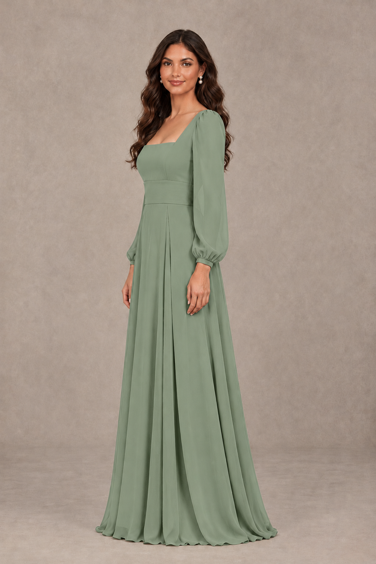 BOLODOO Sage Green Square Neck Long Sleeve A-Line Bridesmaid Dress - Sage Green - Sage Green_4