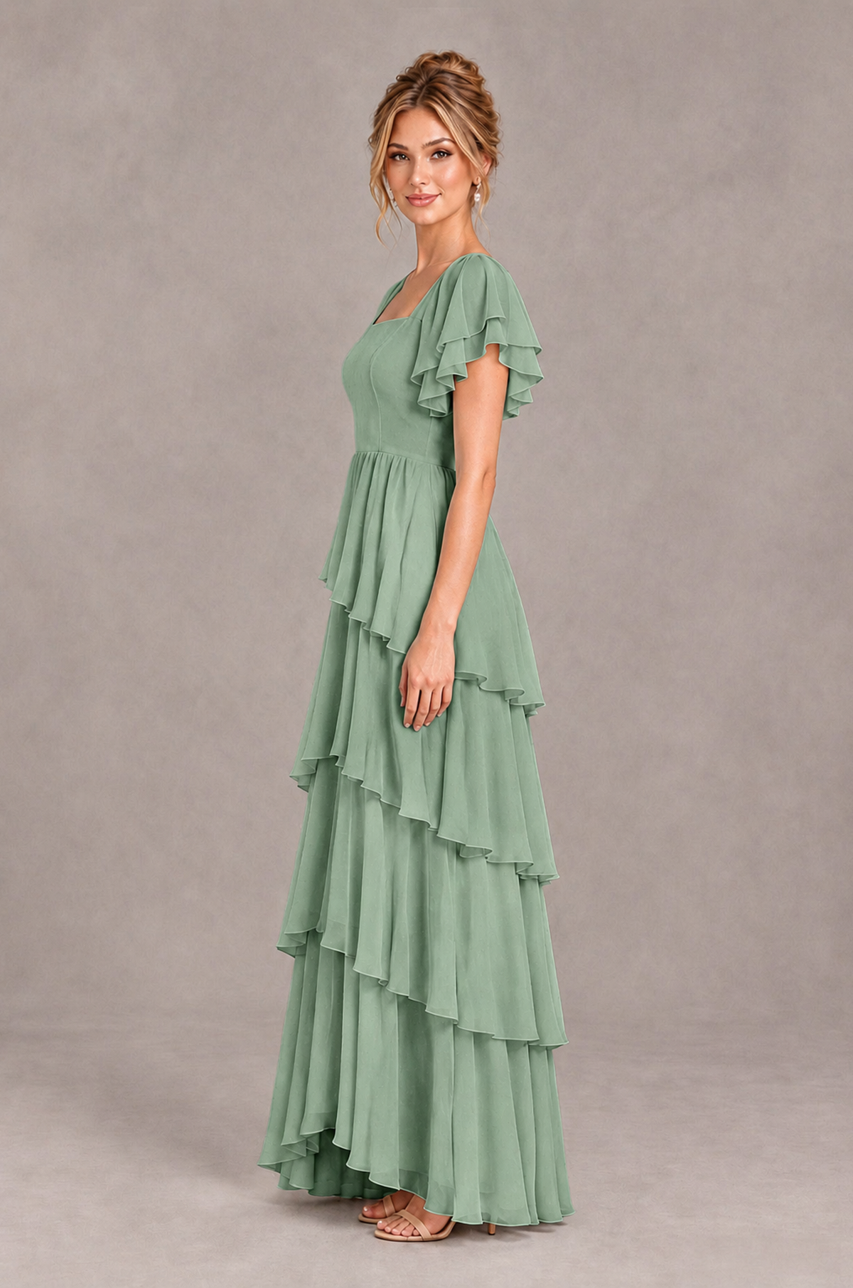 BOLODOO Sage Green Square Neck Flutter Sleeve Tiered Chiffon Bridesmaid Dress with Lace-Up Back - Sage Green - Sage Green_4