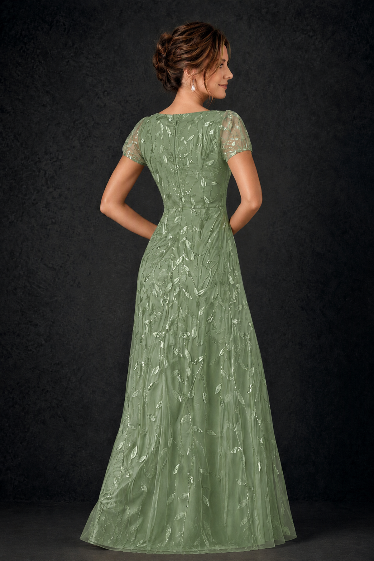 BOLODOO Sage Green Leaf Embroidered A-Line Formal Gown with Cap Sleeves - Sage Green - Sage_Green_4