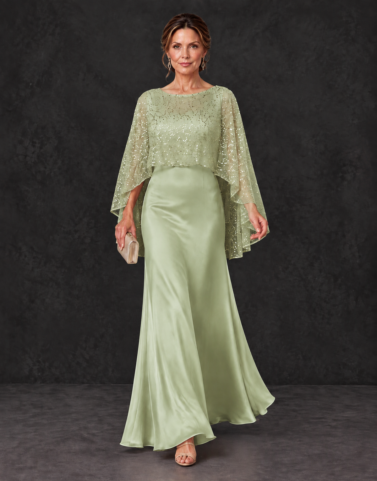 BOLODOO Sage Green Sparkle Cape Sleeve Mother of the Bride Dress - Sage Green - Sage_Green_4