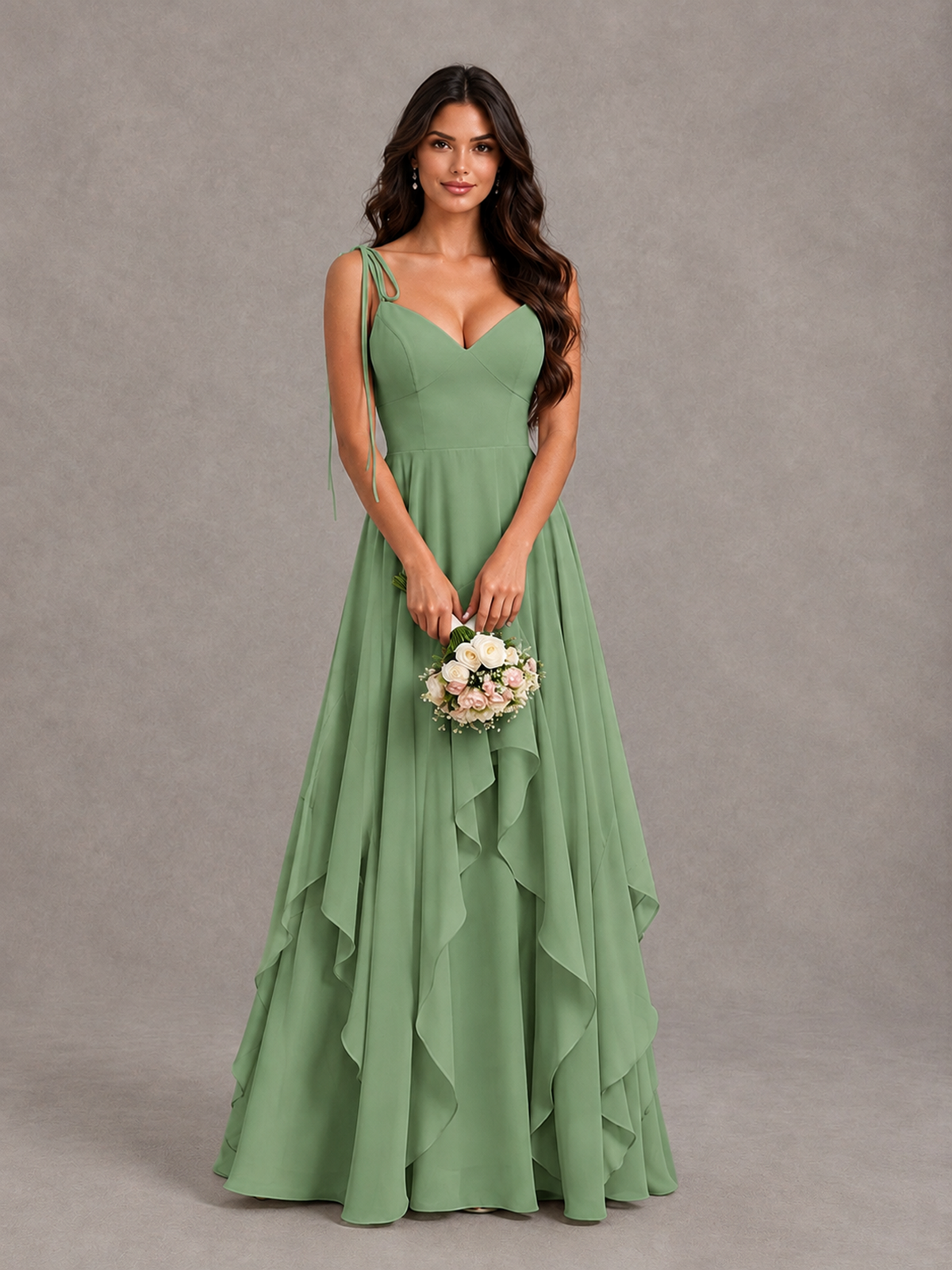 BOLODOO Sage Green Tie-Strap Ruffle A-Line Bridesmaid Dress - Sage Green - Sage Green_4