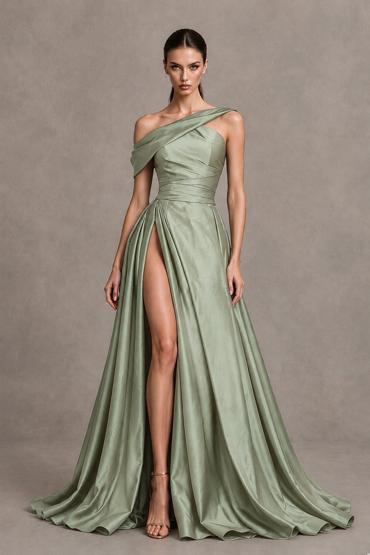 BOLODOO Sage Green Asymmetric Satin-Look A-Line Prom Dress with High Slit - Sage Green - Sage Green_4