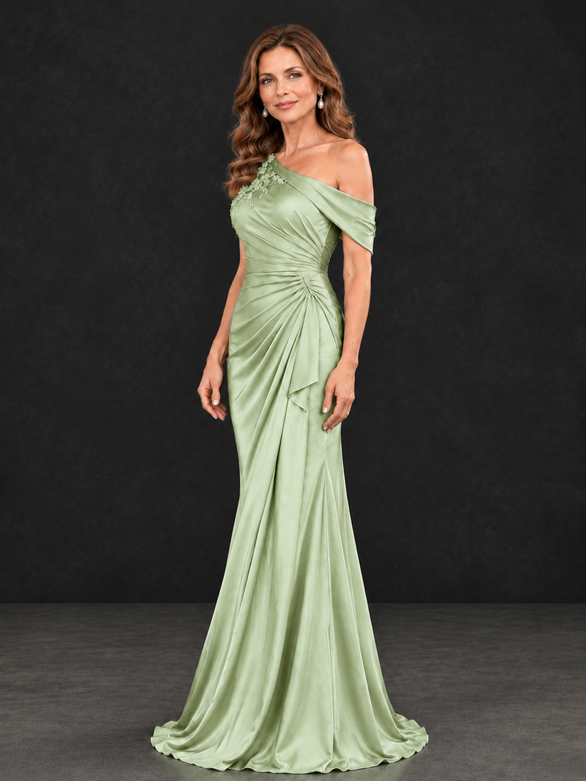 BOLODOO Sage Green Asymmetric Satin Mother of the Bride Dress with Lace Sleeve - Sage Green - Sage_Green(4)