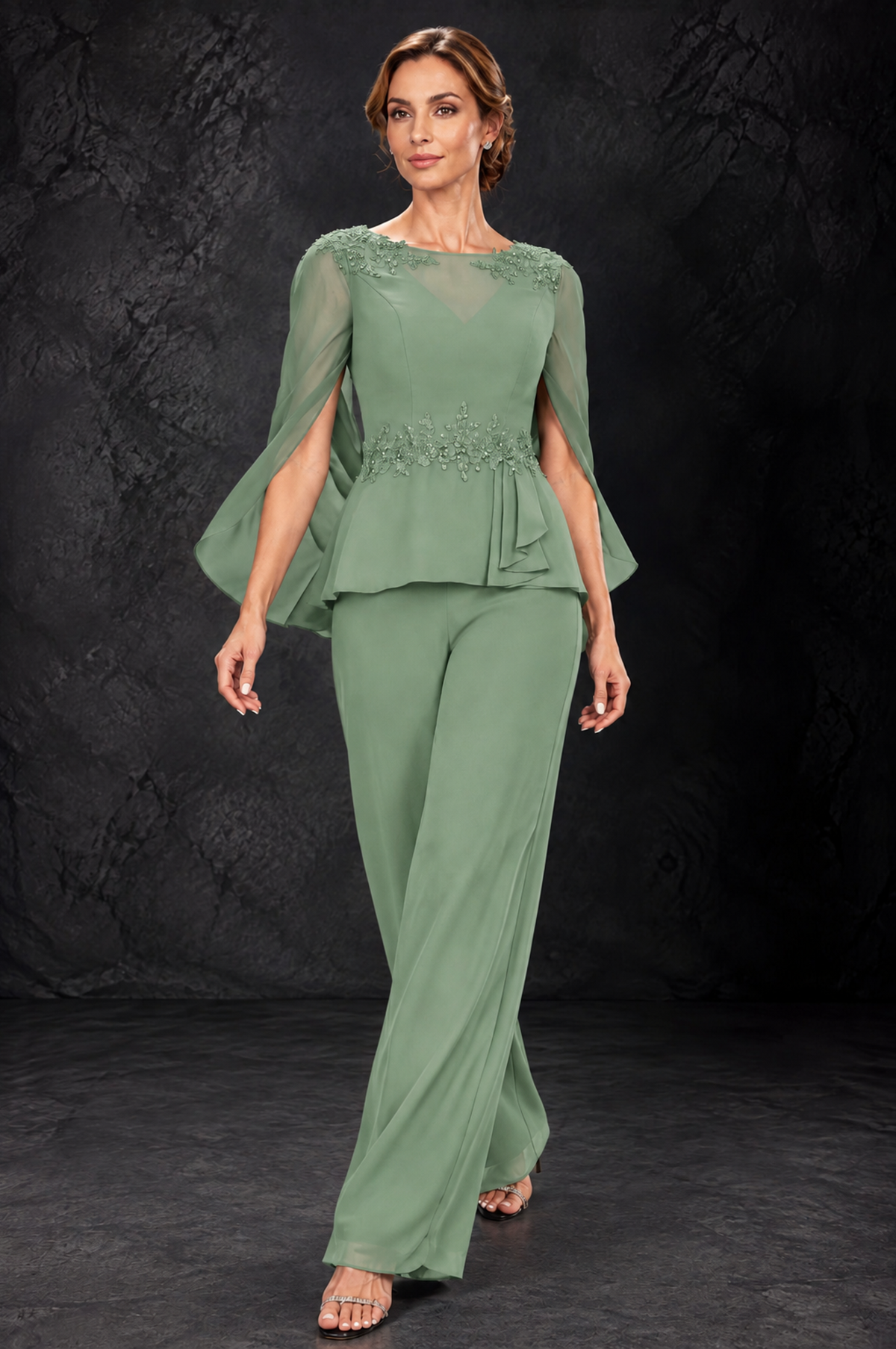 BOLODOO Sage Green Embellished Cape Sleeve Mother of the Bride Pantsuit - Sage Green - Sage_Green_4