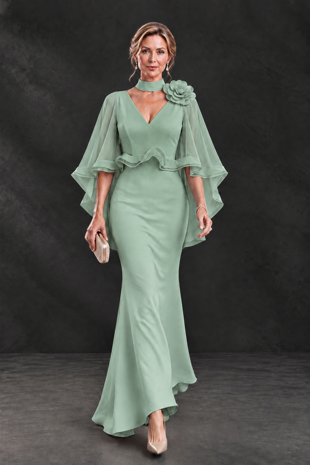 BOLODOO Sage Green Floral Cape Sleeve Mother of the Bride Dress - Sage Green - Sage_Green_4
