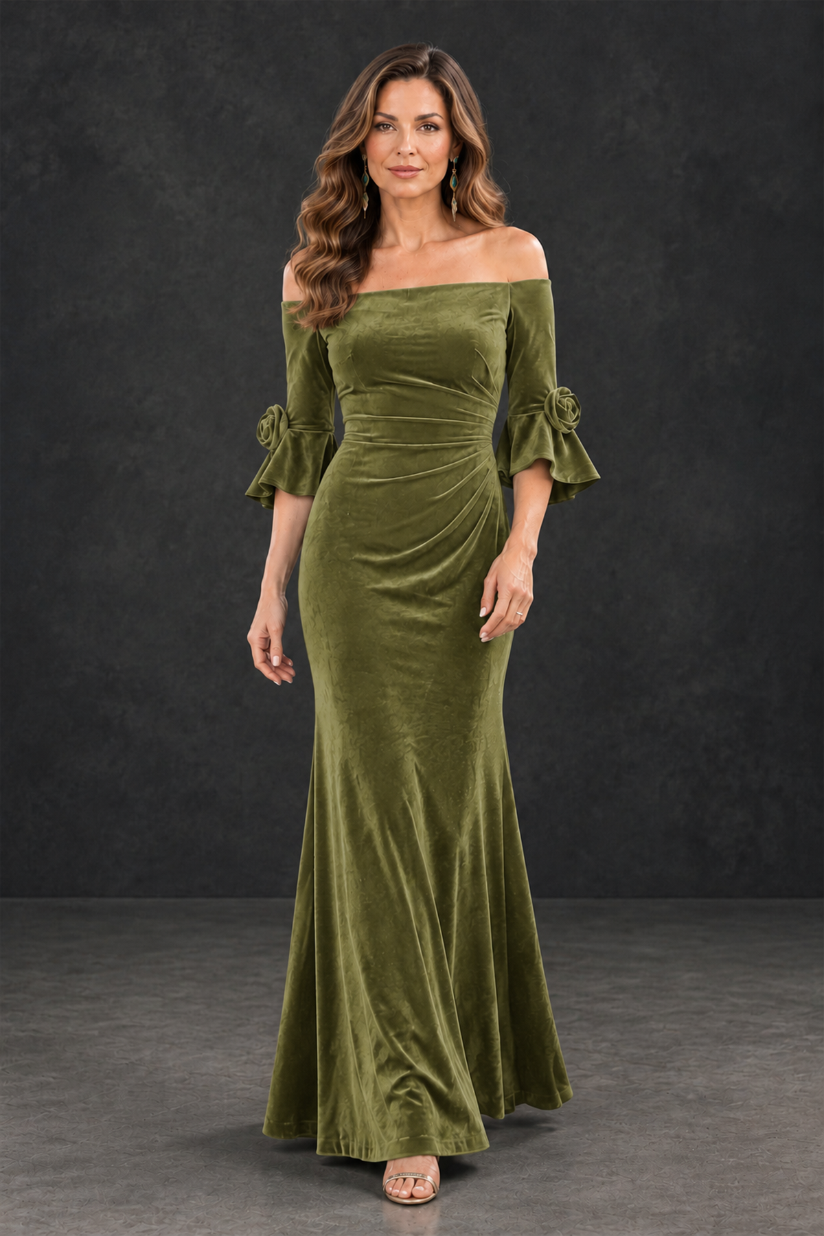 BOLODOO Sage Green Velvet Mother of the Bride Dress with Rosette Sleeves - Sage Green - Sage_Green_4