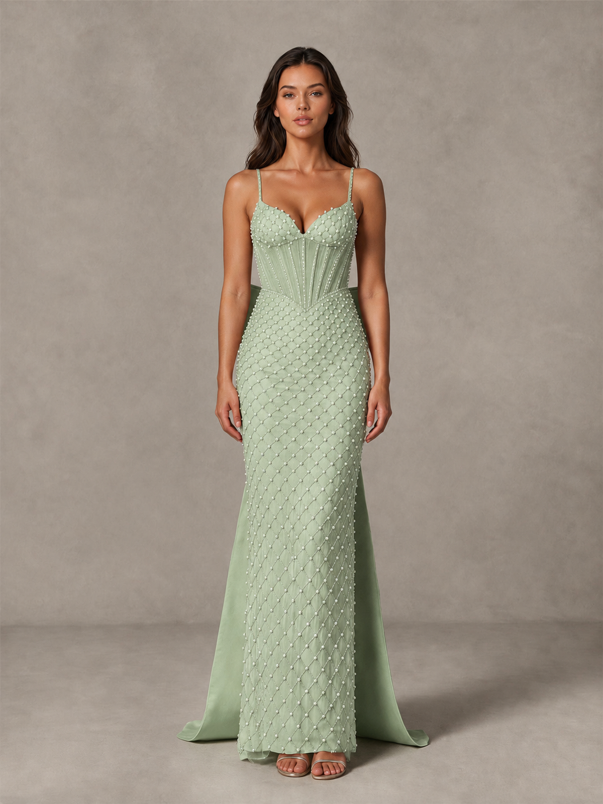 BOLODOO Sage Green Beaded Corset Prom Dress with Bow Train - Sage Green - Sage_Green_4