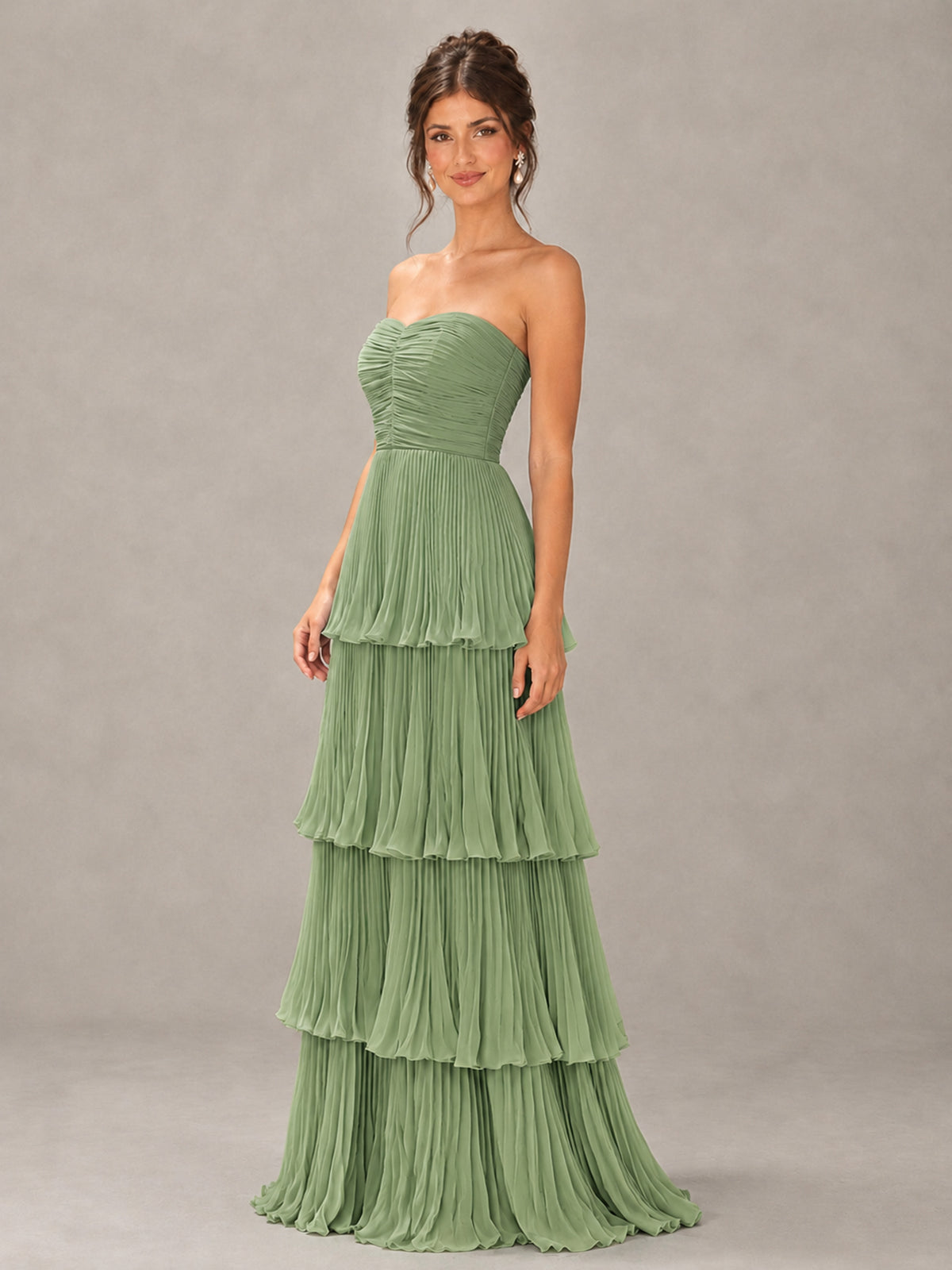 BOLODOO Sage Green Strapless Tiered Pleated Bridesmaid Dress - Sage Green - Sage Green_4